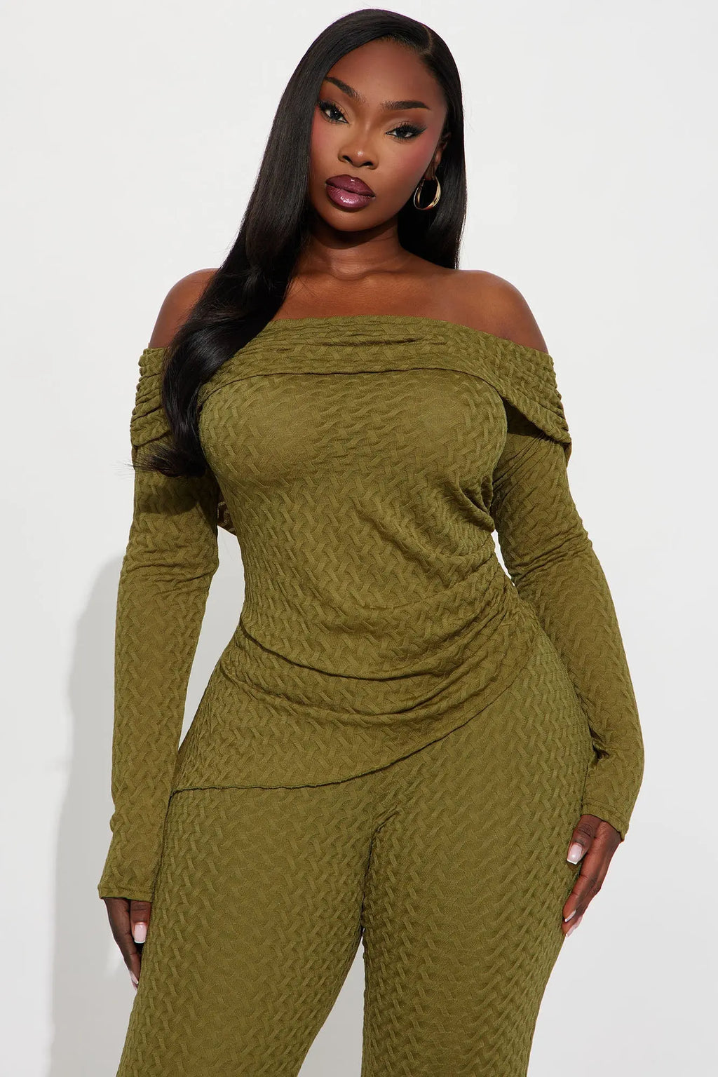 Becca Off Shoulder Textured Pant Set - Olive 