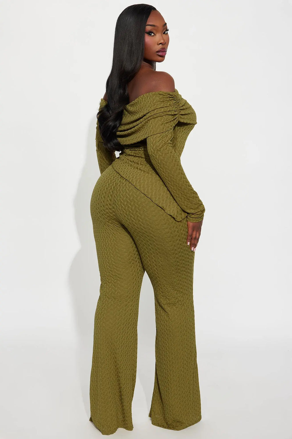 Becca Off Shoulder Textured Pant Set - Olive 