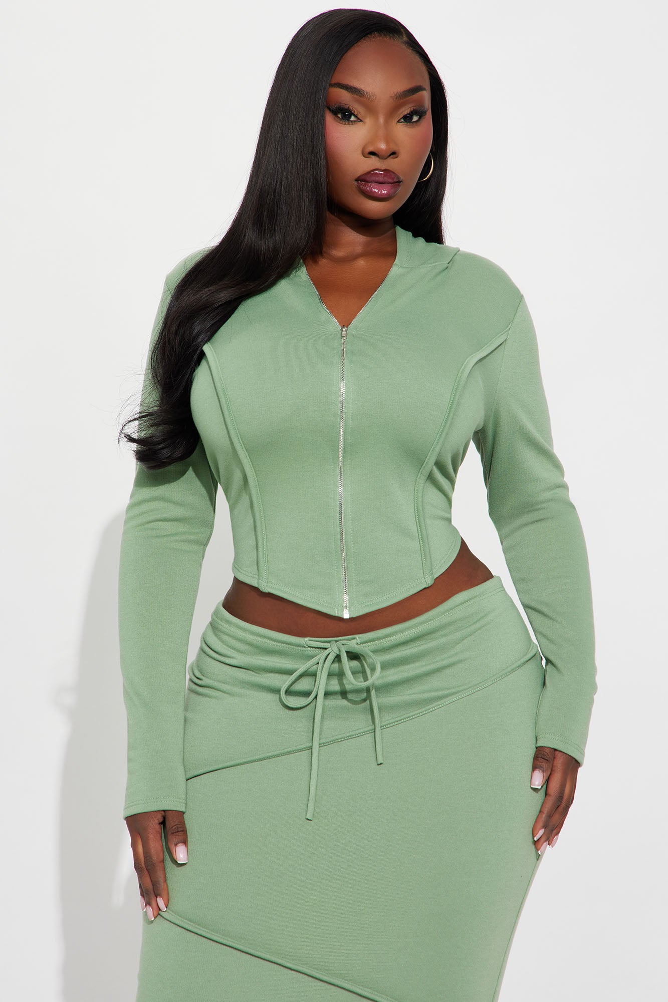 Body Lines Hoodie Maxi Skirt Set - Sage 