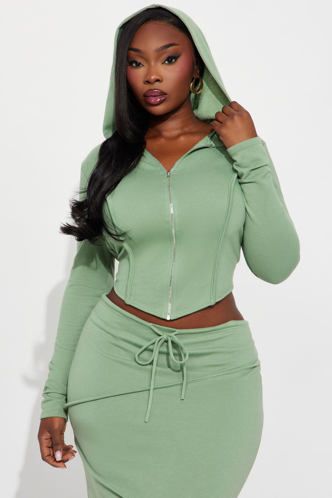 Body Lines Hoodie Maxi Skirt Set - Sage 