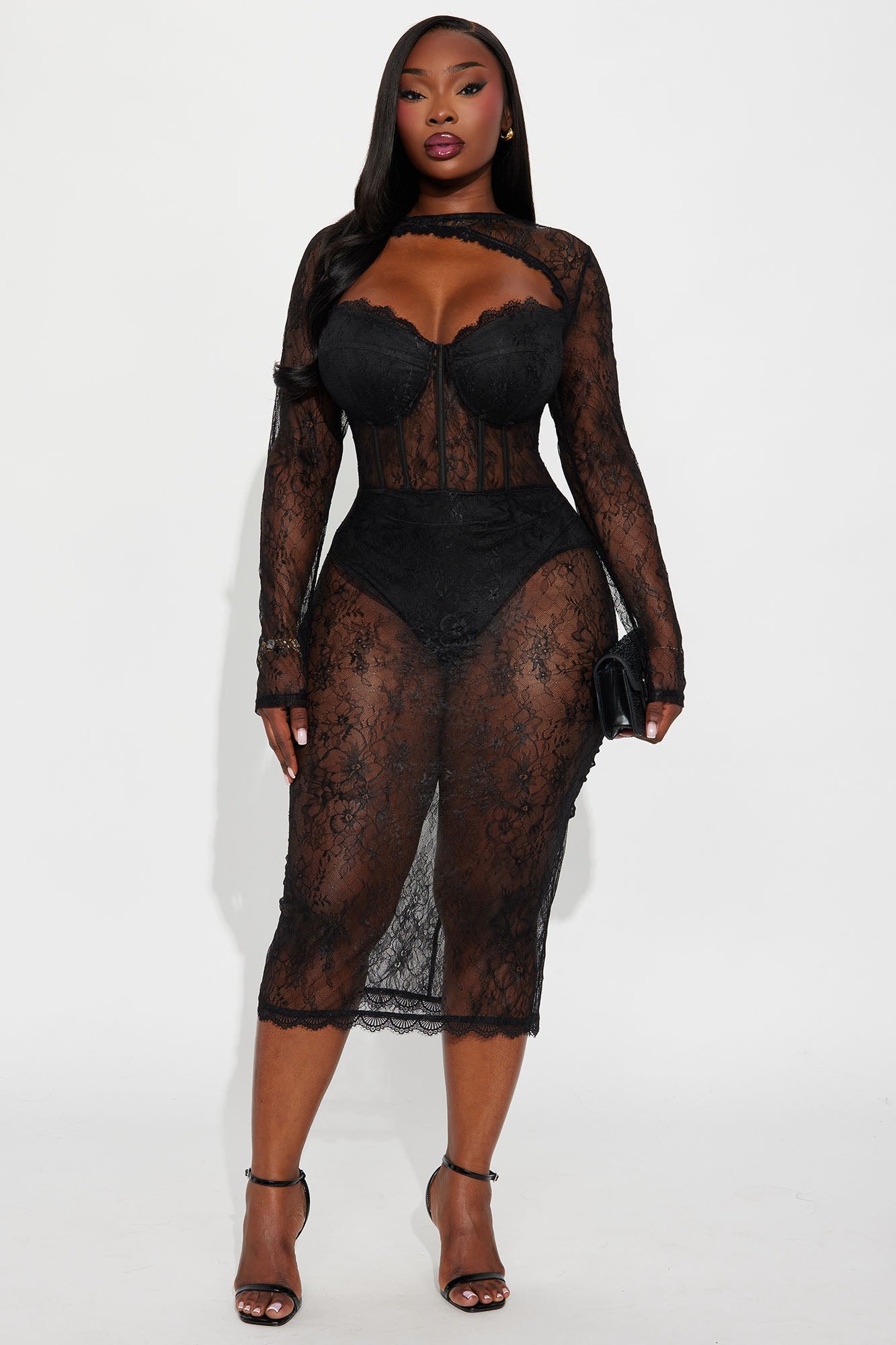 Eden Long Sleeve Lace Midi Dress - Black