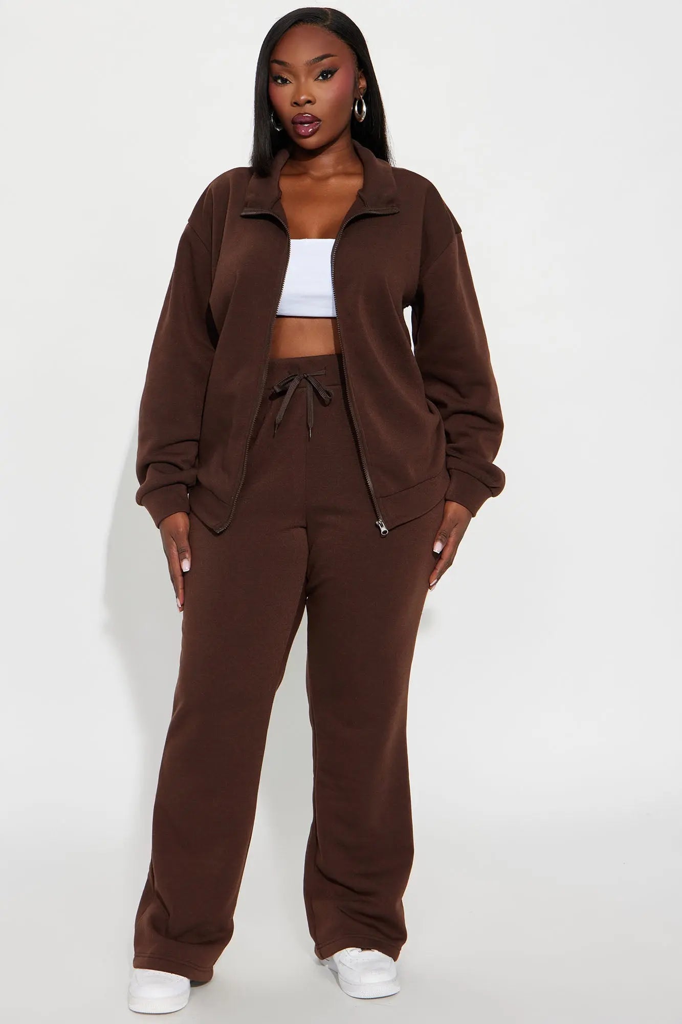 Demi Zip Up Fleece Pant Set - Chocolate 