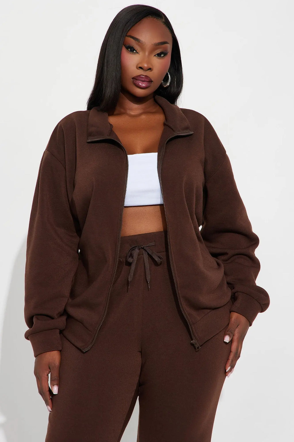 Demi Zip Up Fleece Pant Set - Chocolate 
