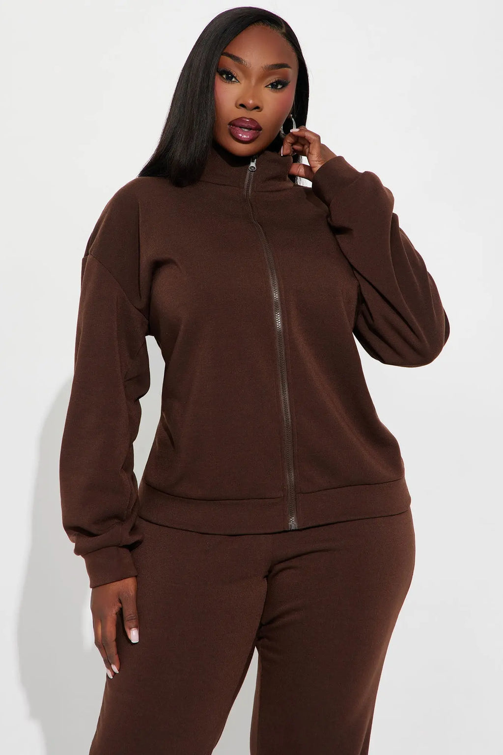 Demi Zip Up Fleece Pant Set - Chocolate 