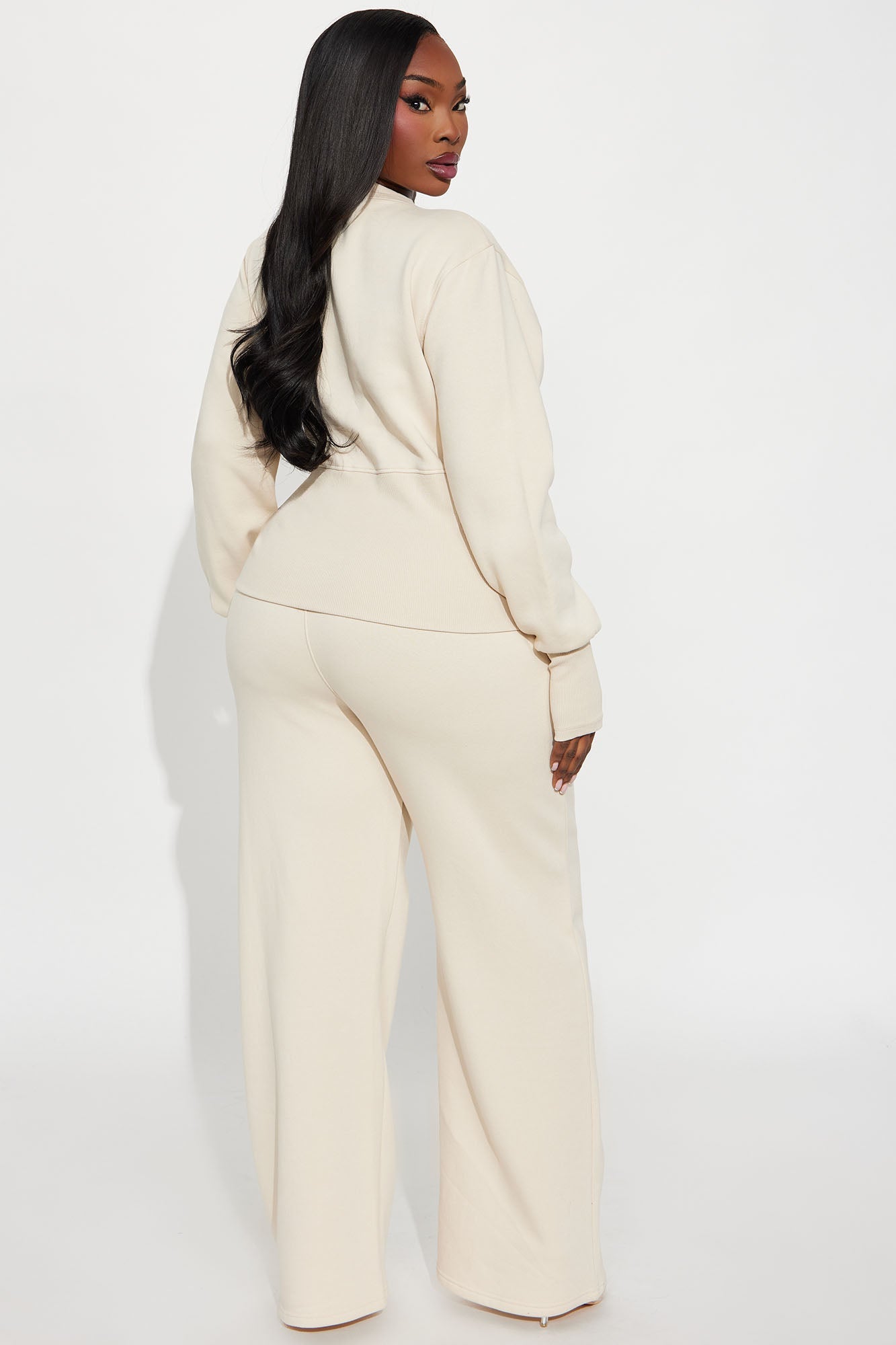 Varsity Girly Fleece Wide Leg Pant Set - Taupe