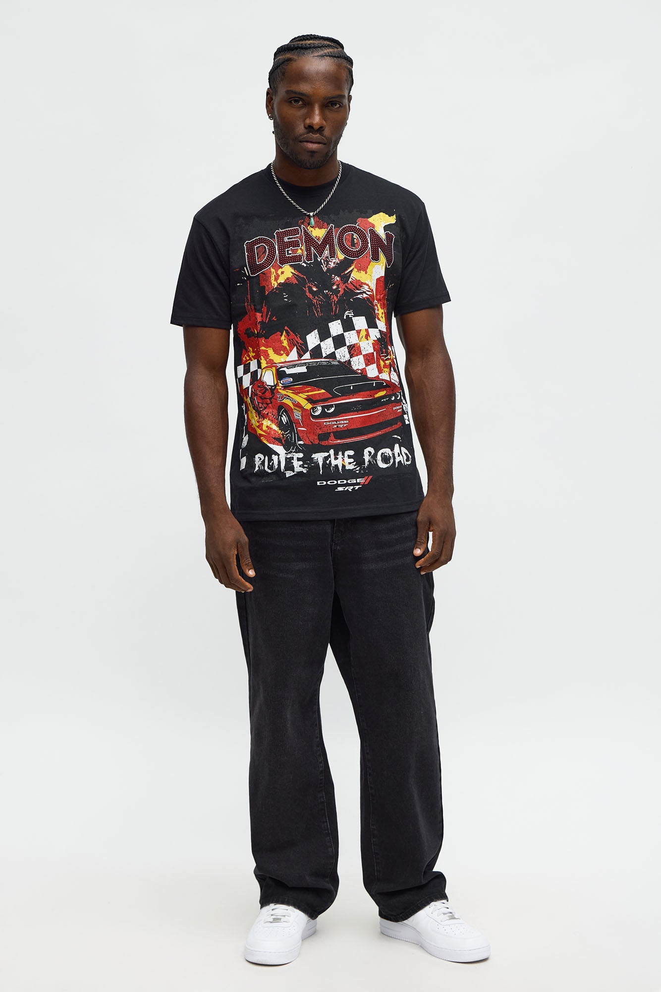 Dodge Demon Of The Road Rhinestone Short Sleeve Tee - Black