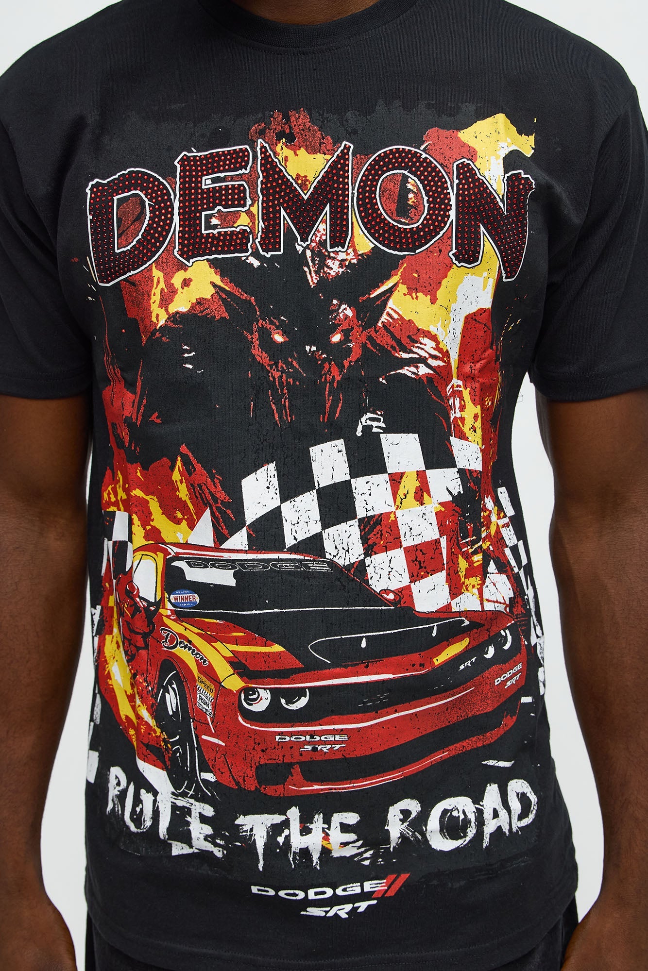 Dodge Demon Of The Road Rhinestone Short Sleeve Tee - Black