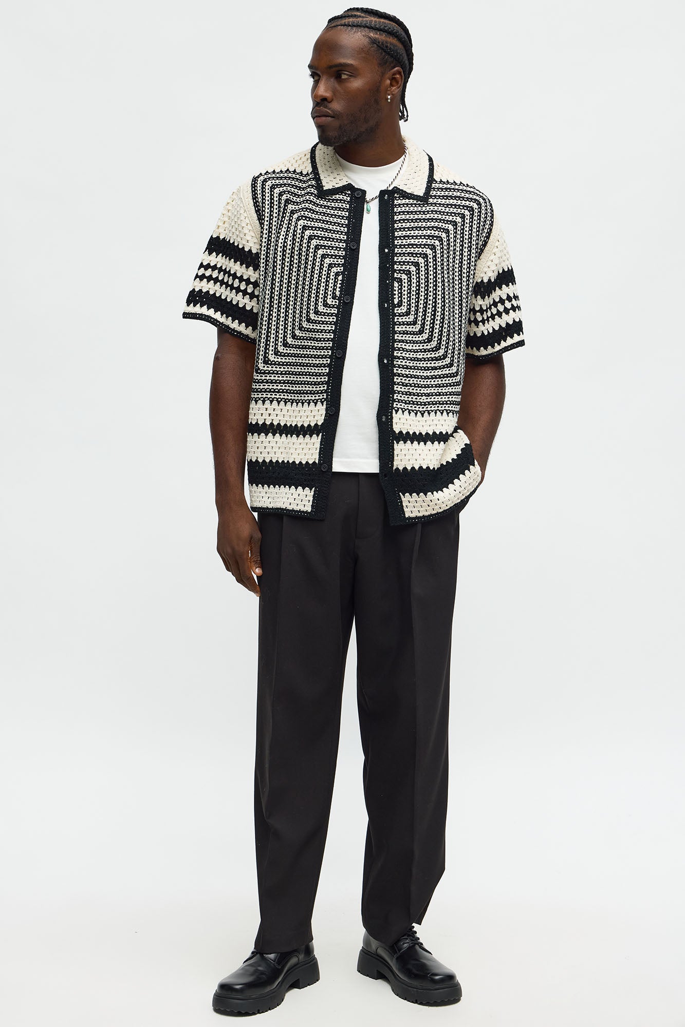 Kilim Geo Crochet Knit Shirt - Cream/combo