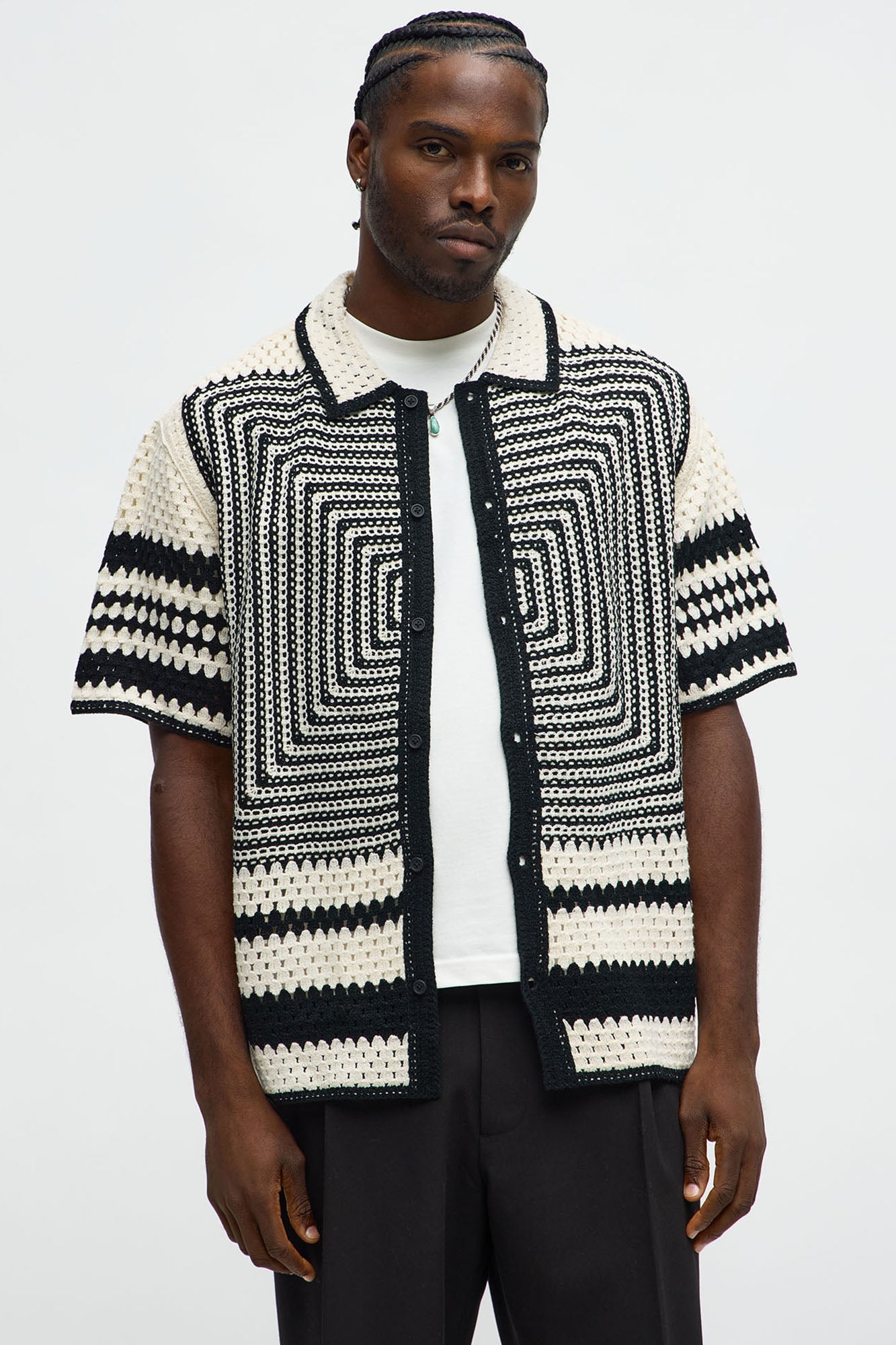 Kilim Geo Crochet Knit Shirt - Cream/combo