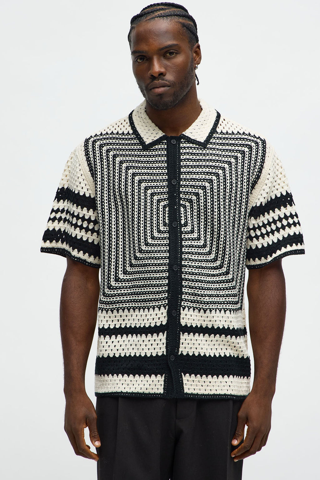 Kilim Geo Crochet Knit Shirt - Cream/combo