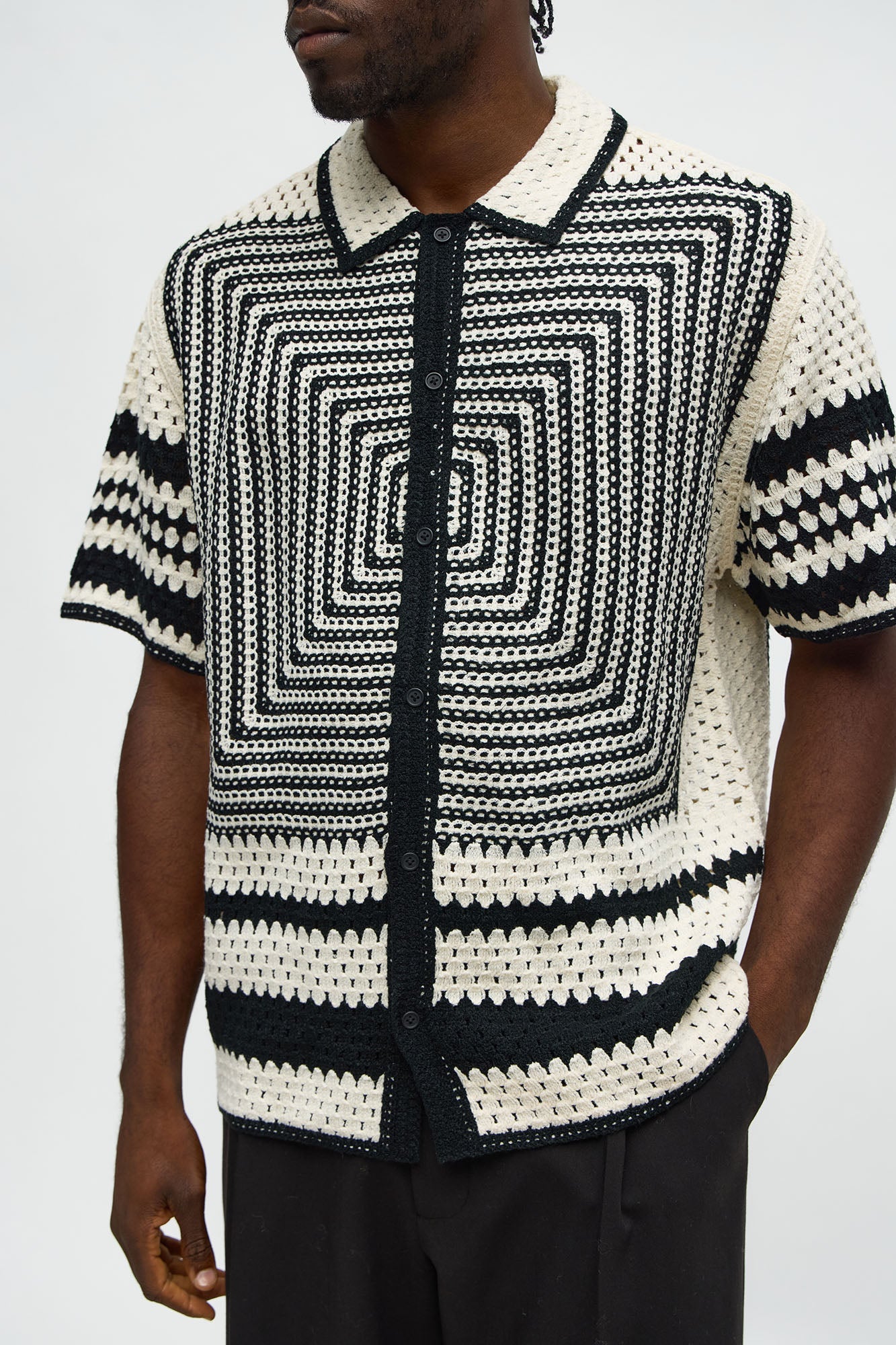 Kilim Geo Crochet Knit Shirt - Cream/combo