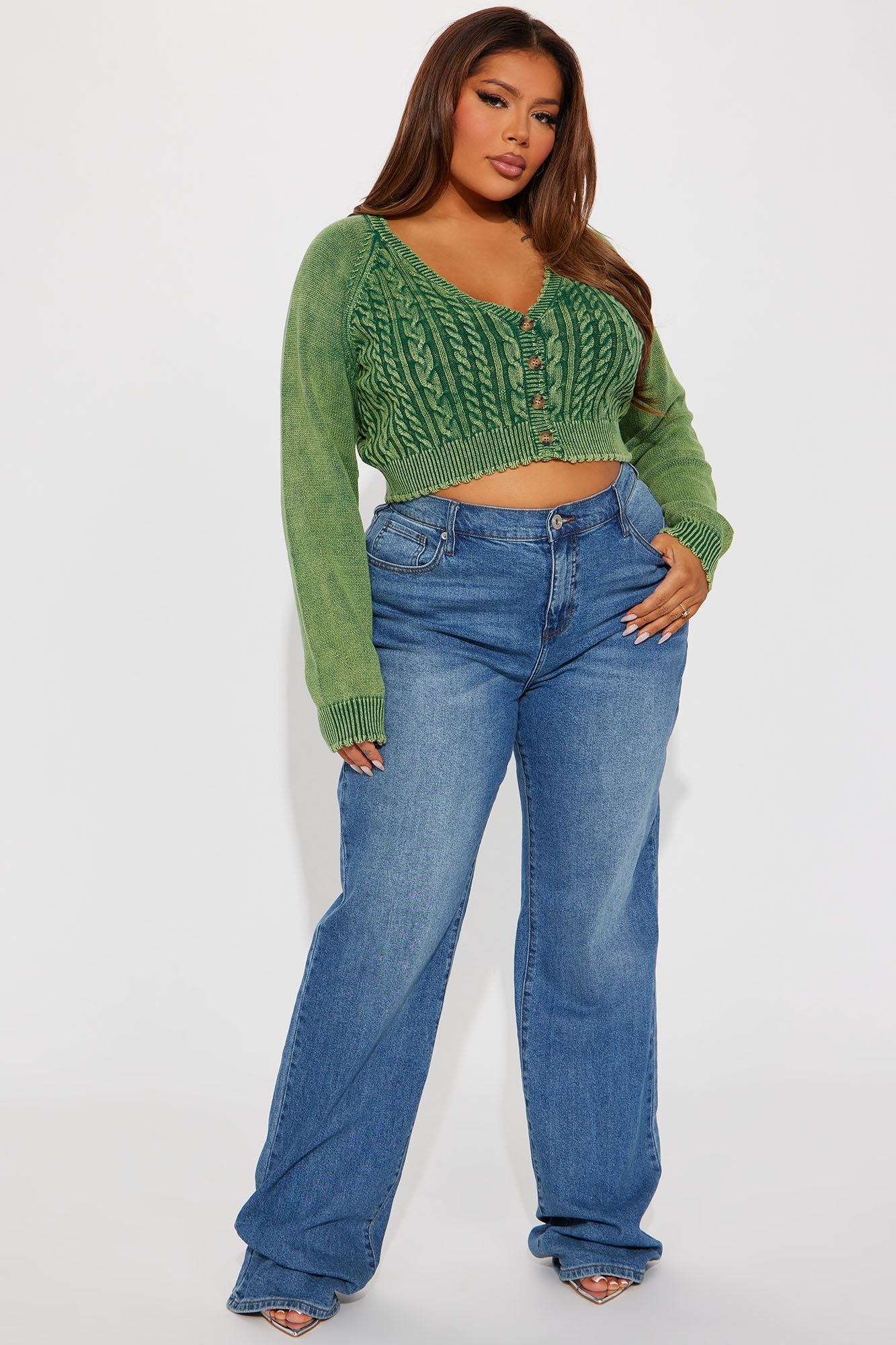 Street Looks Washed Cropped Cardigan - Green