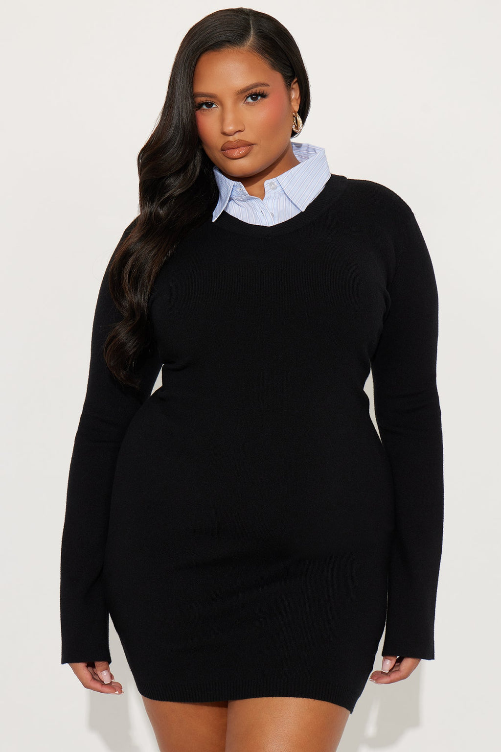 Taking Calls Collared Sweater Mini Dress - Black
