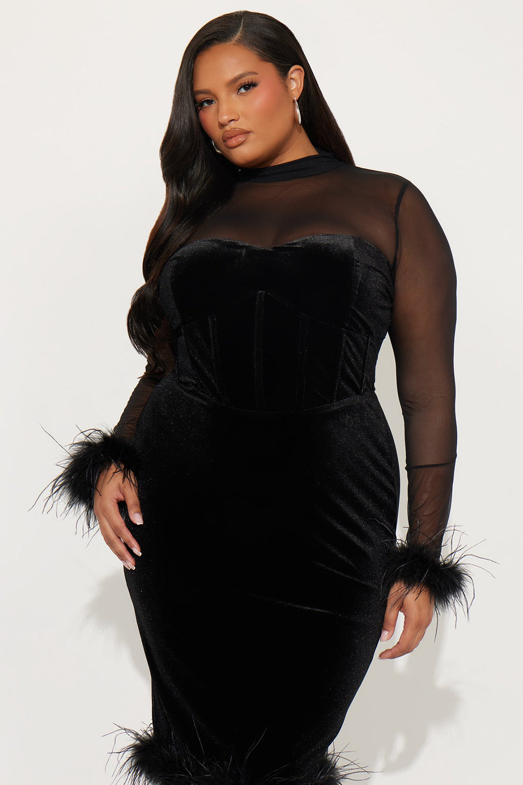 Dream Girl Fur Trim Velvet Midi Dress - Black