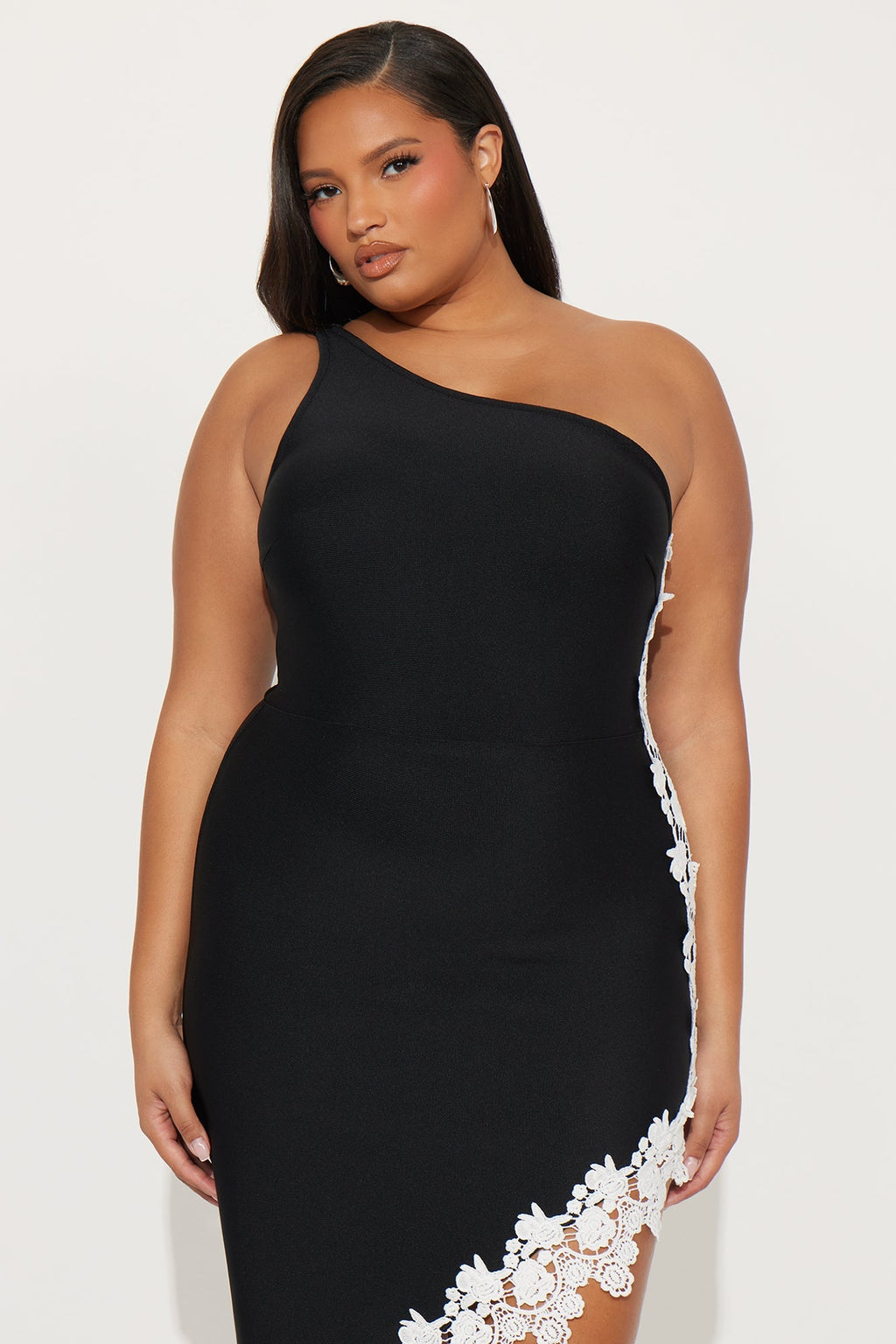 Hila Lace Trim Asymmetrical Bandage Midi Dress - Black/White 