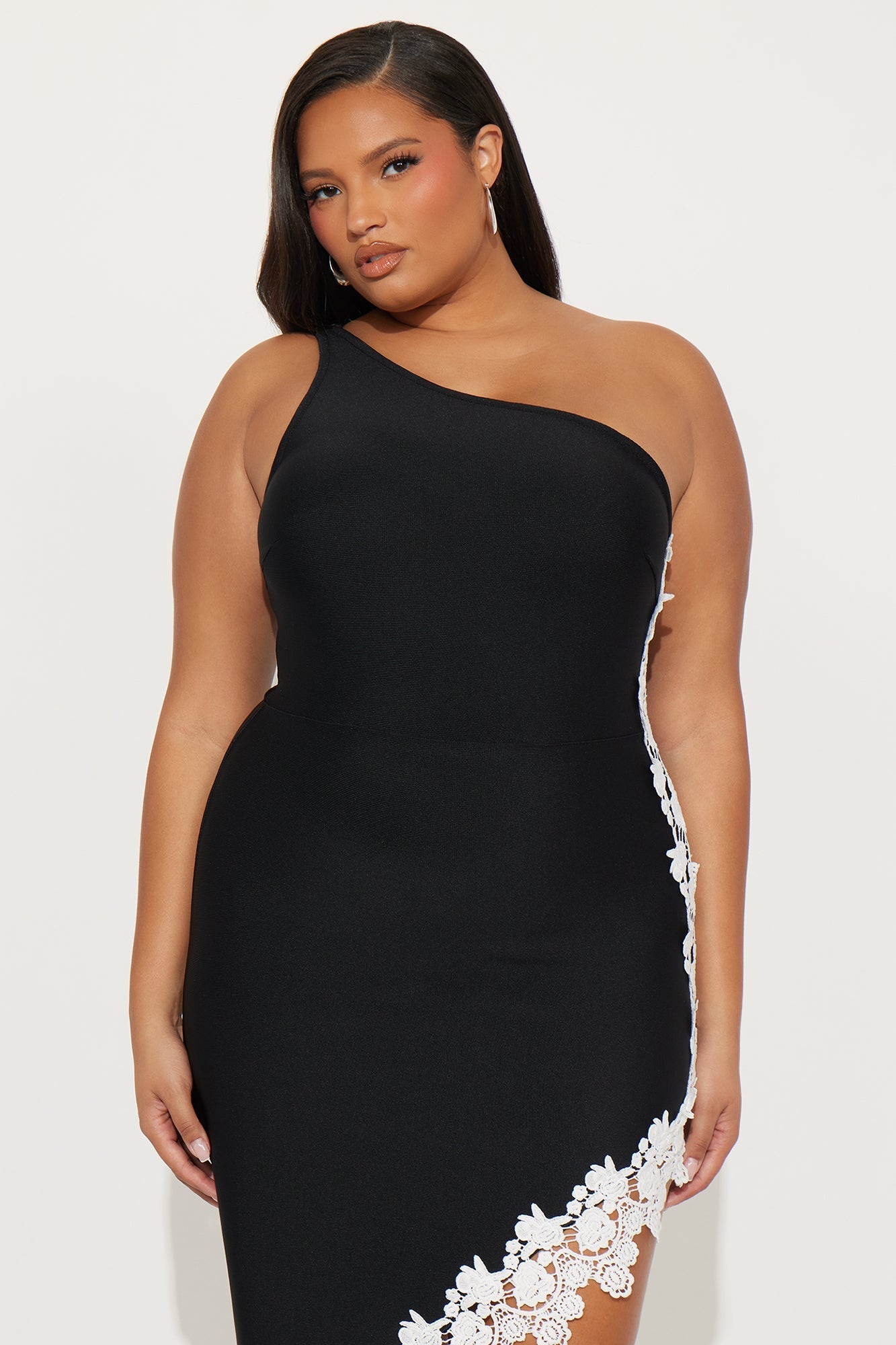 Hila Lace Trim Asymmetrical Bandage Midi Dress - Black/White 