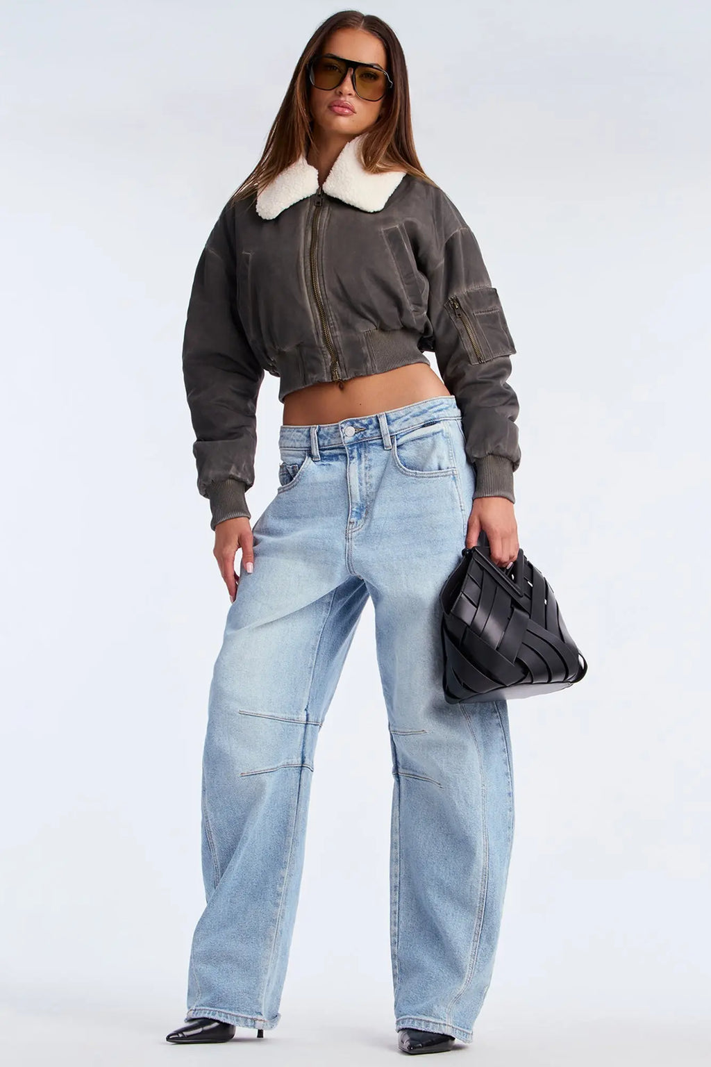 Madison Washed Cropped Bomber Jacket - Dark Brown 