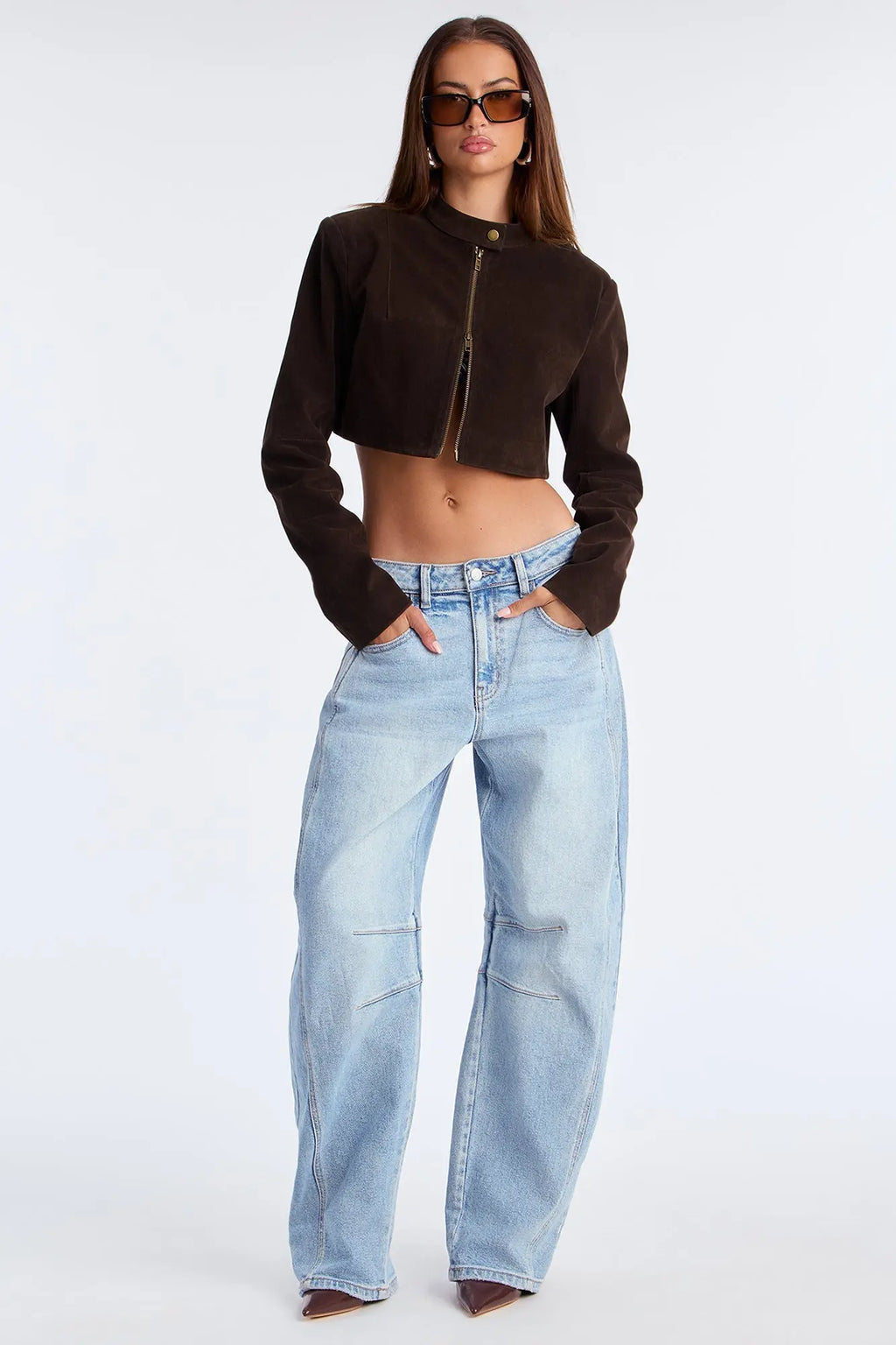 Blake Cropped Faux Suede Moto Jacket - Chocolate 