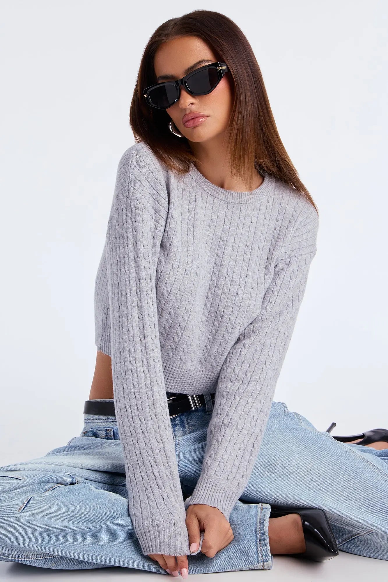 Chillin' It Cable Knit Sweater - Heather Grey 