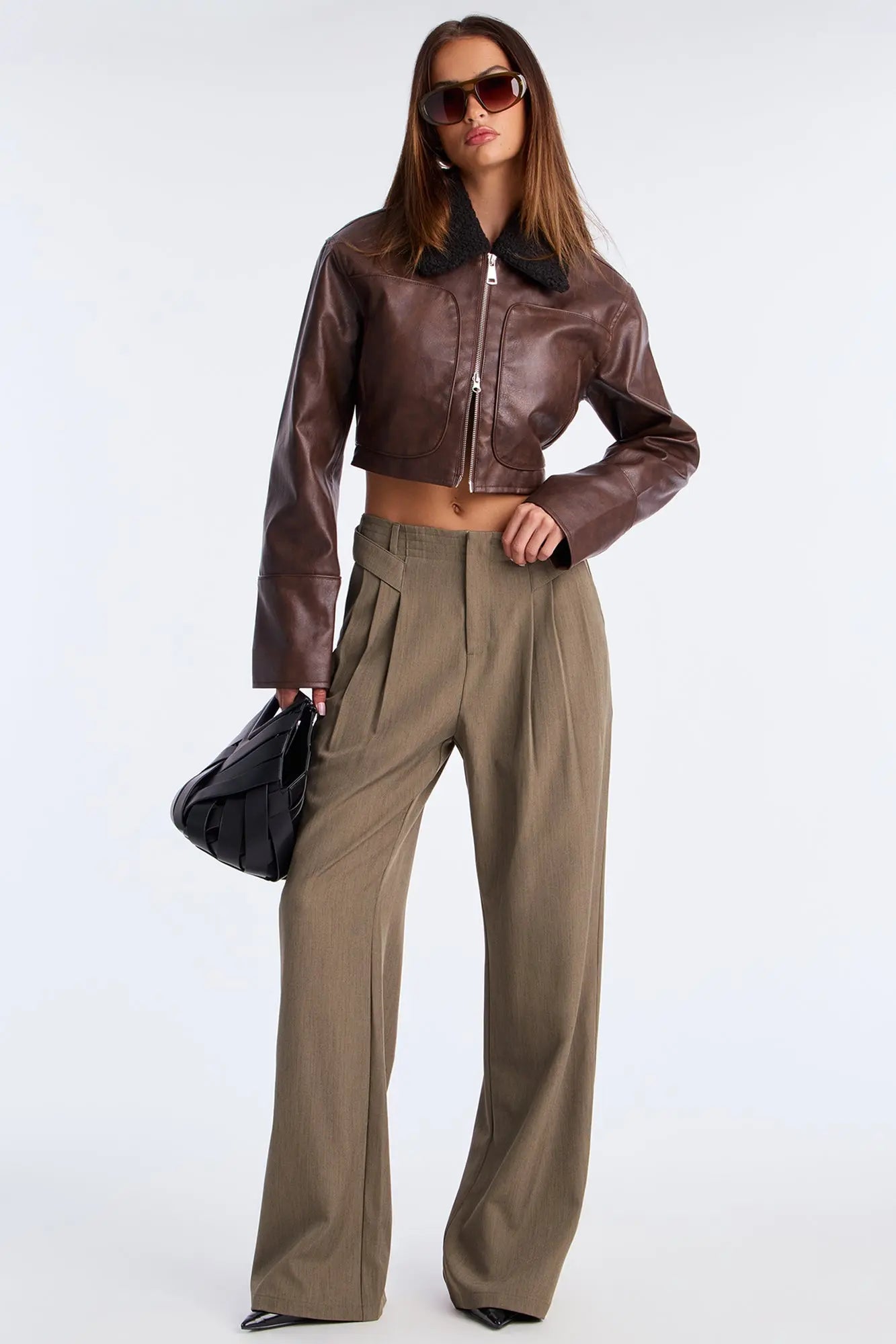 Fly High Faux Leather Cropped Jacket - Brown 