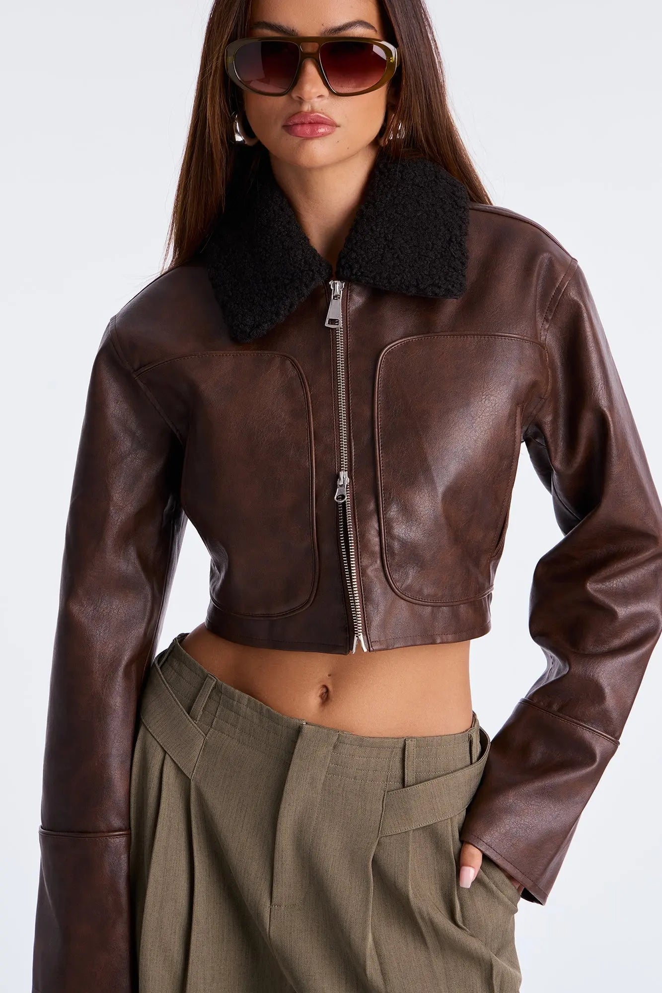 Fly High Faux Leather Cropped Jacket - Brown 