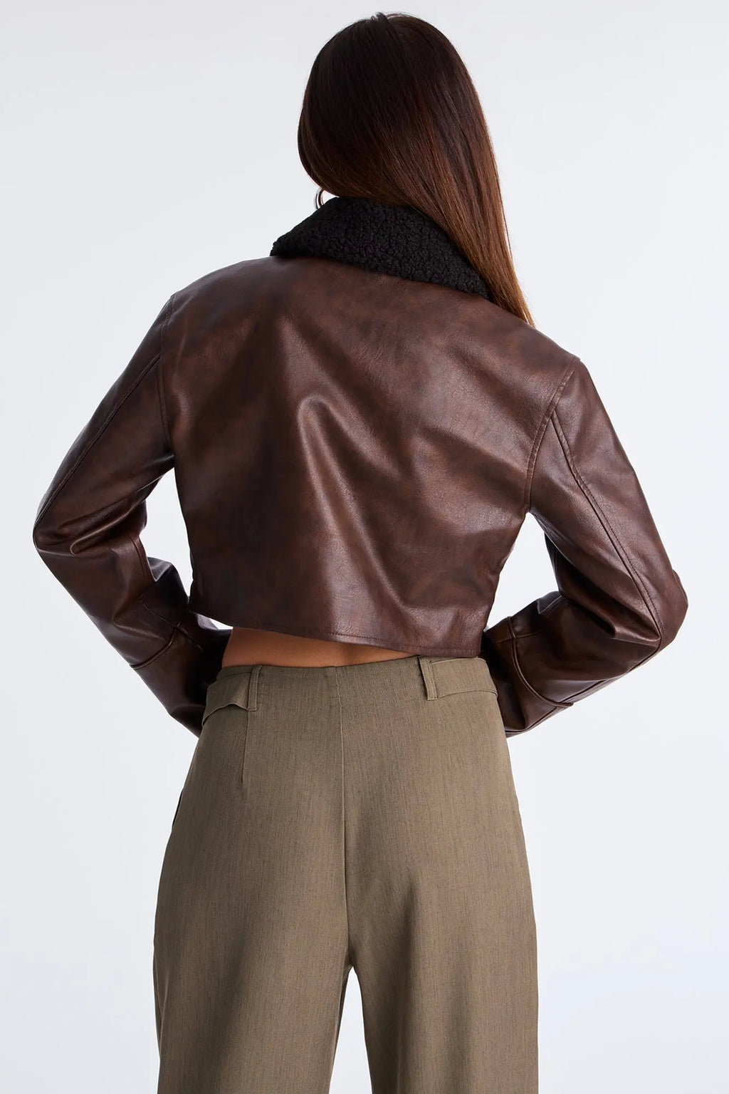 Fly High Faux Leather Cropped Jacket - Brown 
