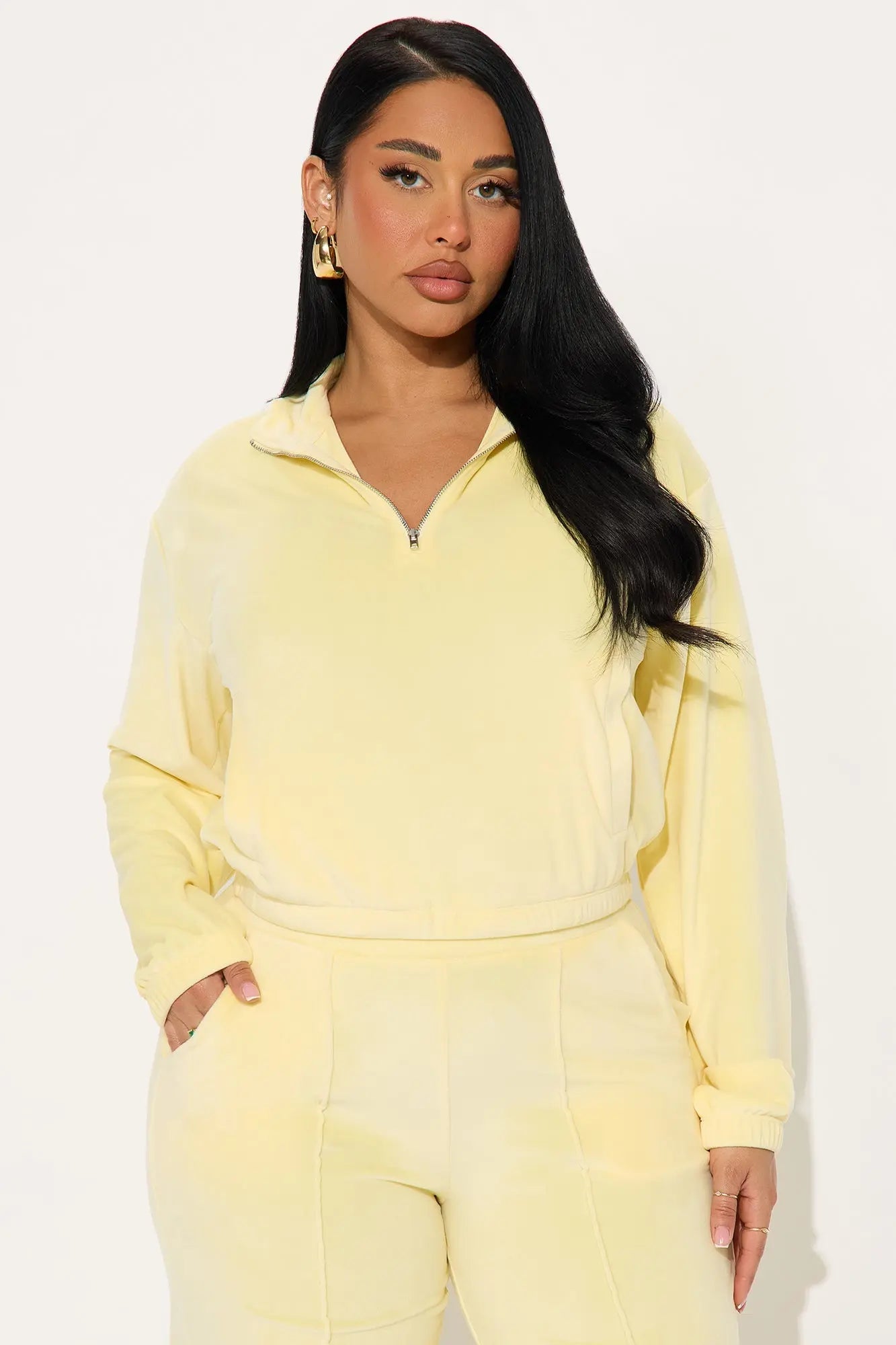 Pause For Now Quarter Zip Velour Pant Set - Yellow 