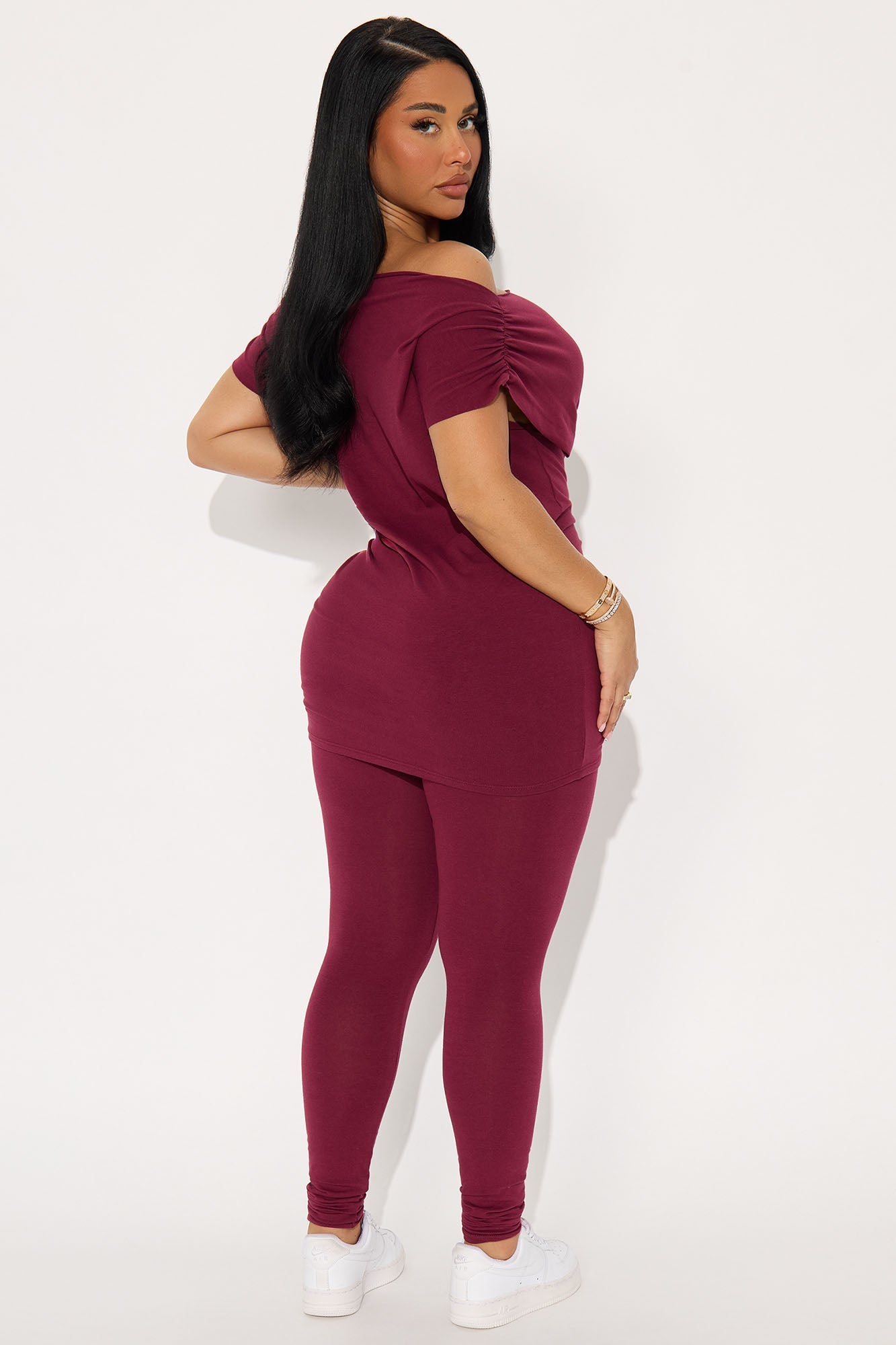 She Scores Off Shoulder Legging Set - Burgundy
