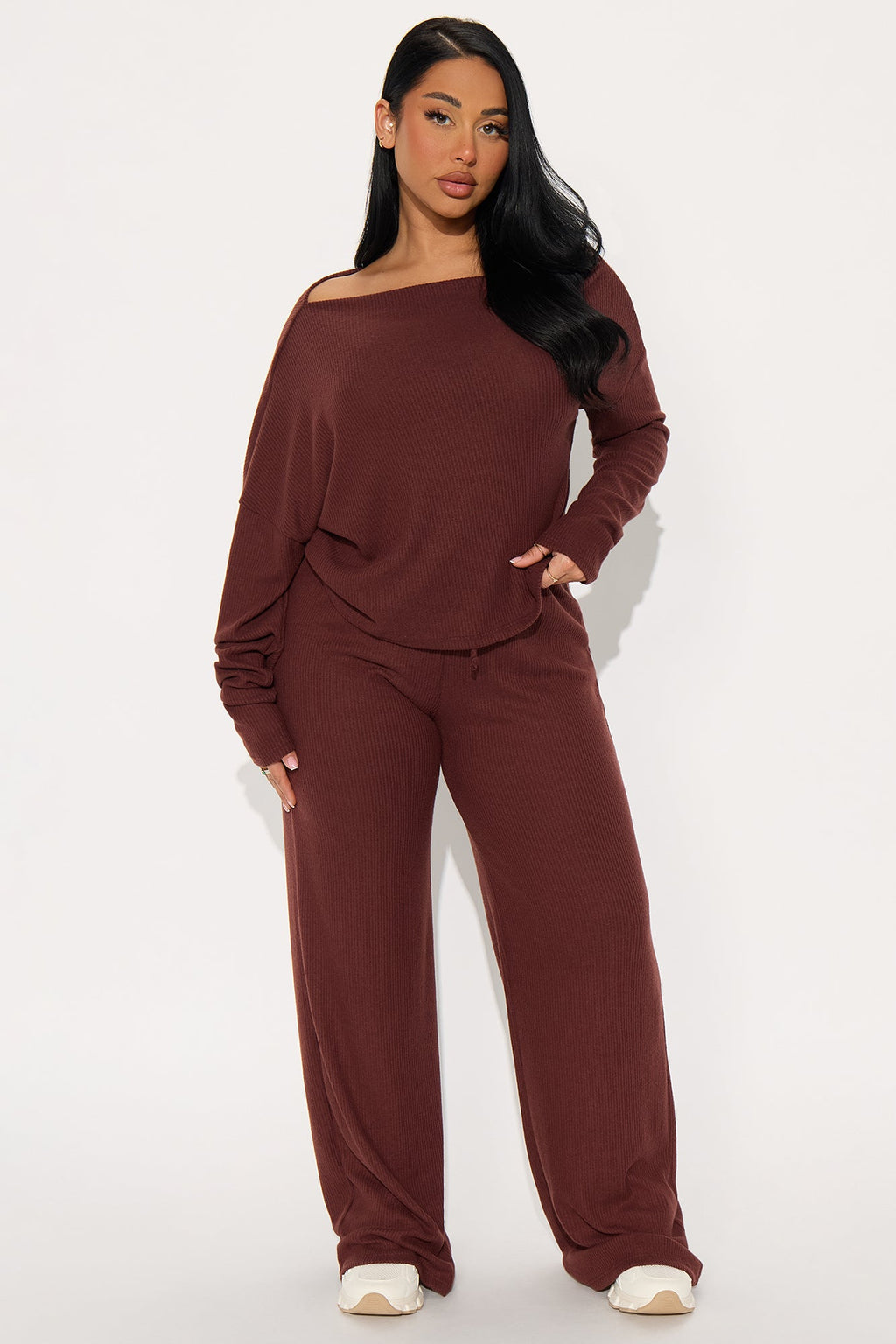 Fall Vibes Cozy Off Shoulder Pant Set - Brown