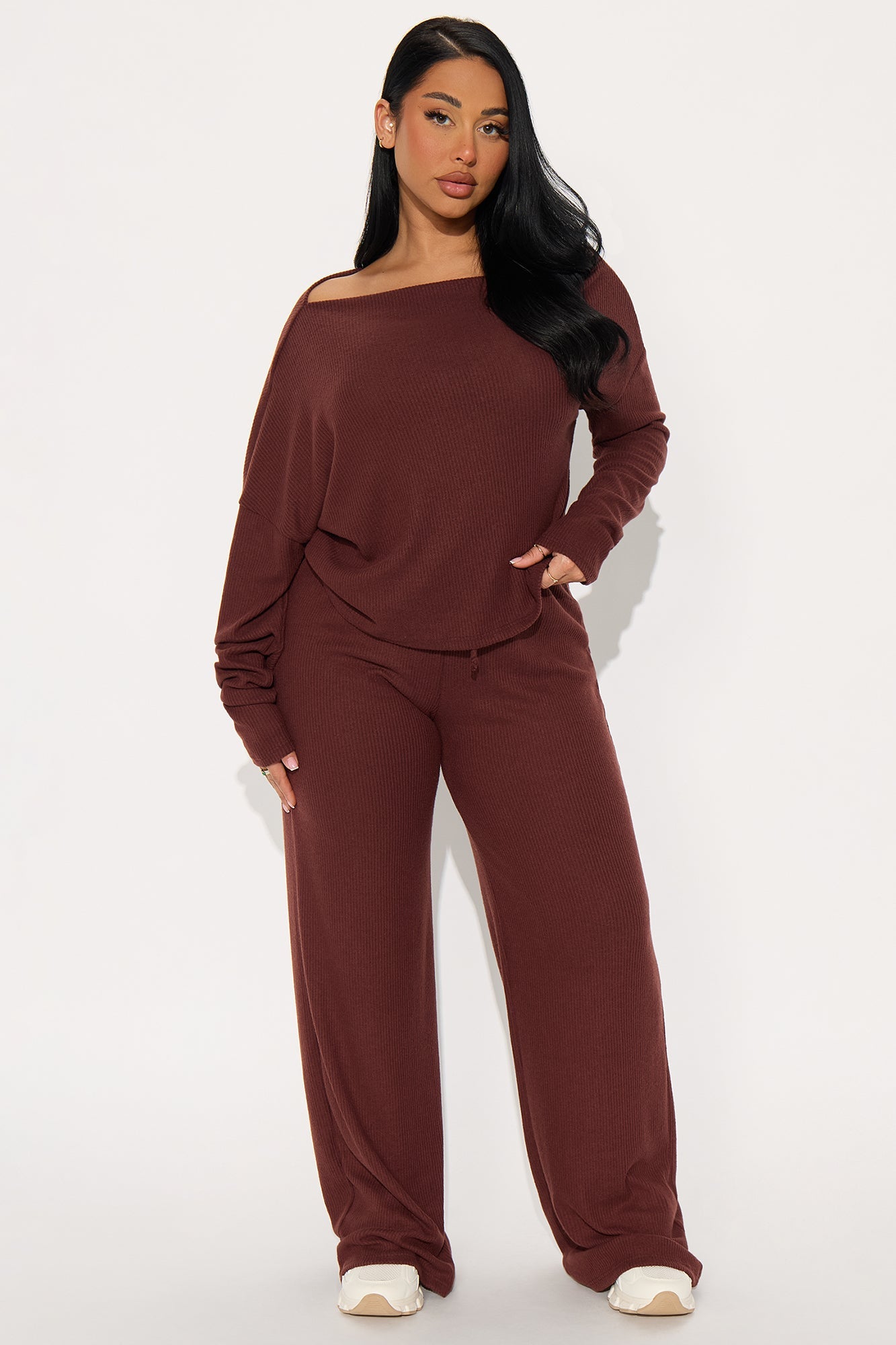 Fall Vibes Cozy Off Shoulder Pant Set - Brown