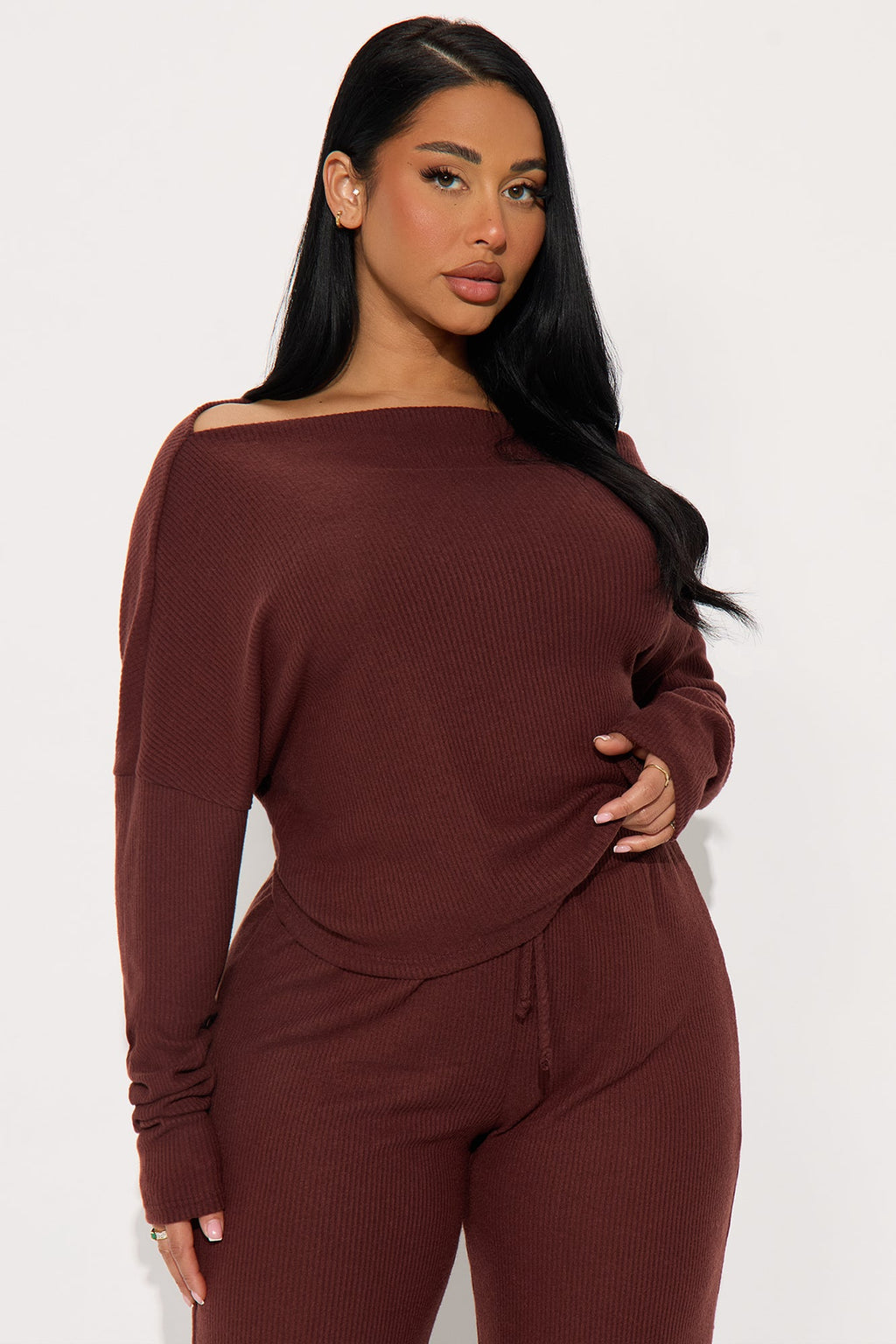 Fall Vibes Cozy Off Shoulder Pant Set - Brown