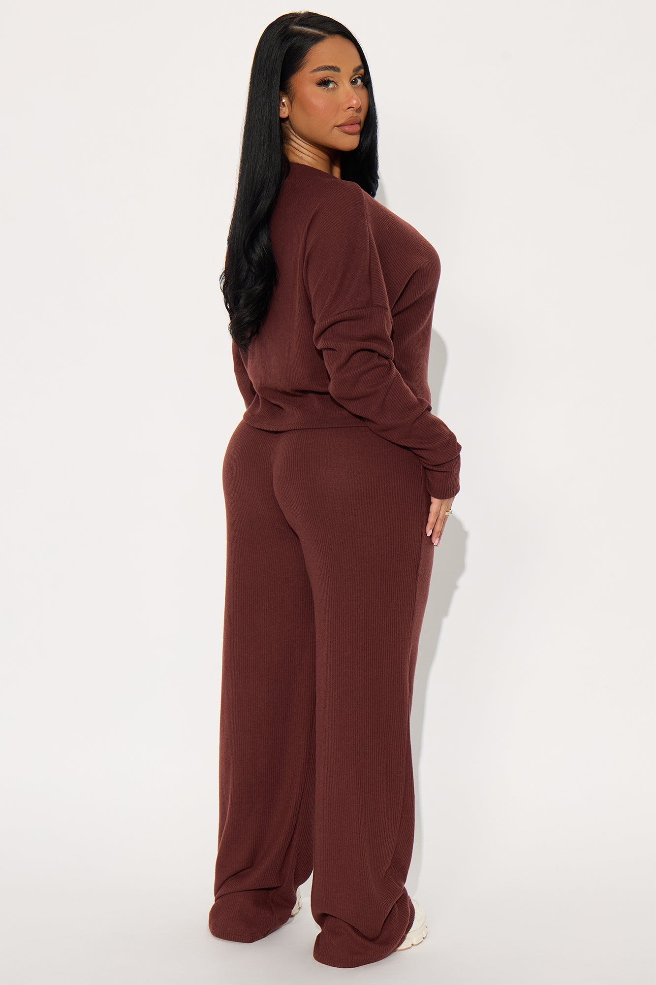Fall Vibes Cozy Off Shoulder Pant Set - Brown