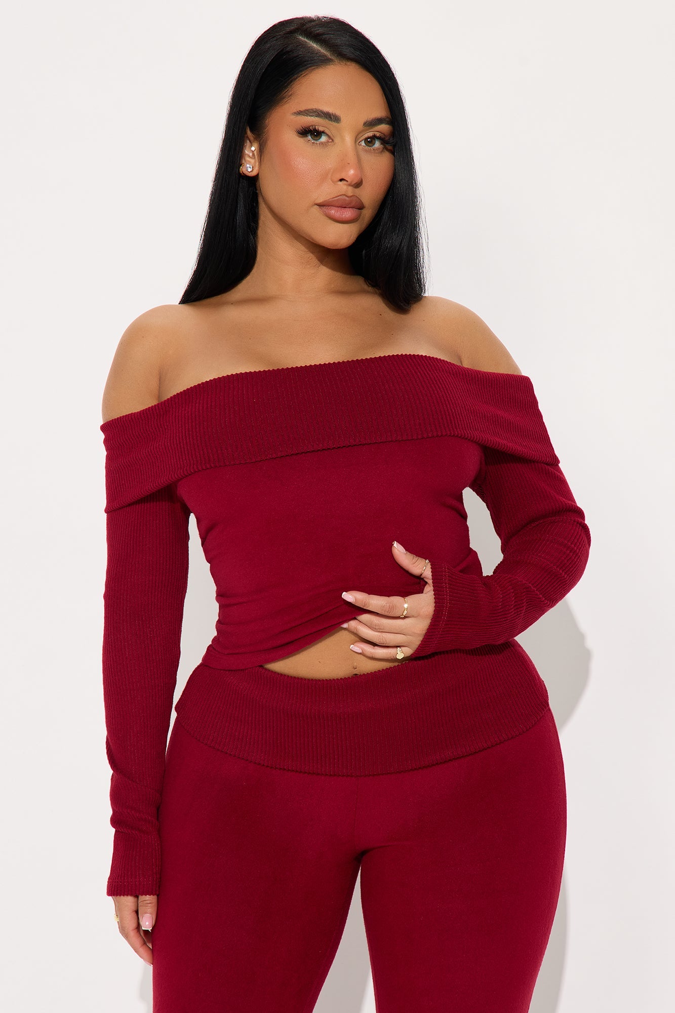 Allison Off Shoulder Pant Set - Wine 