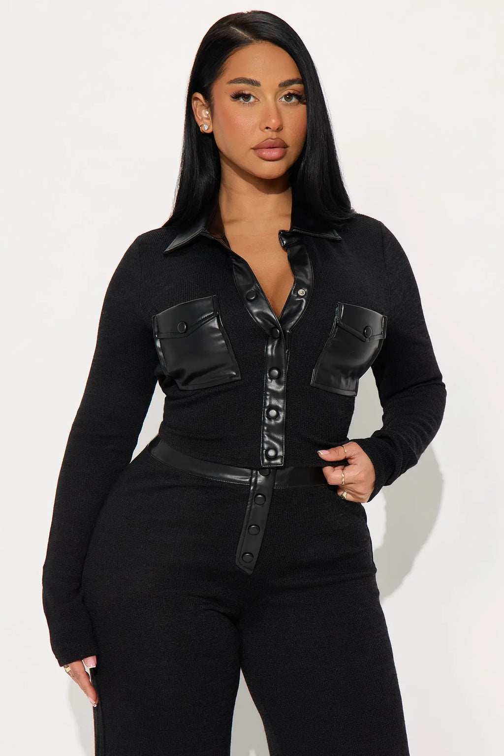 Elonna Faux Leather Trim Pant Set - Black 