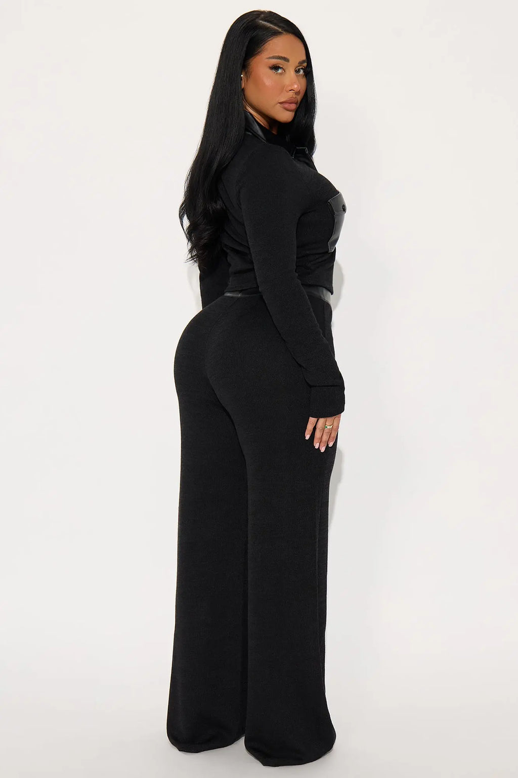 Elonna Faux Leather Trim Pant Set - Black 