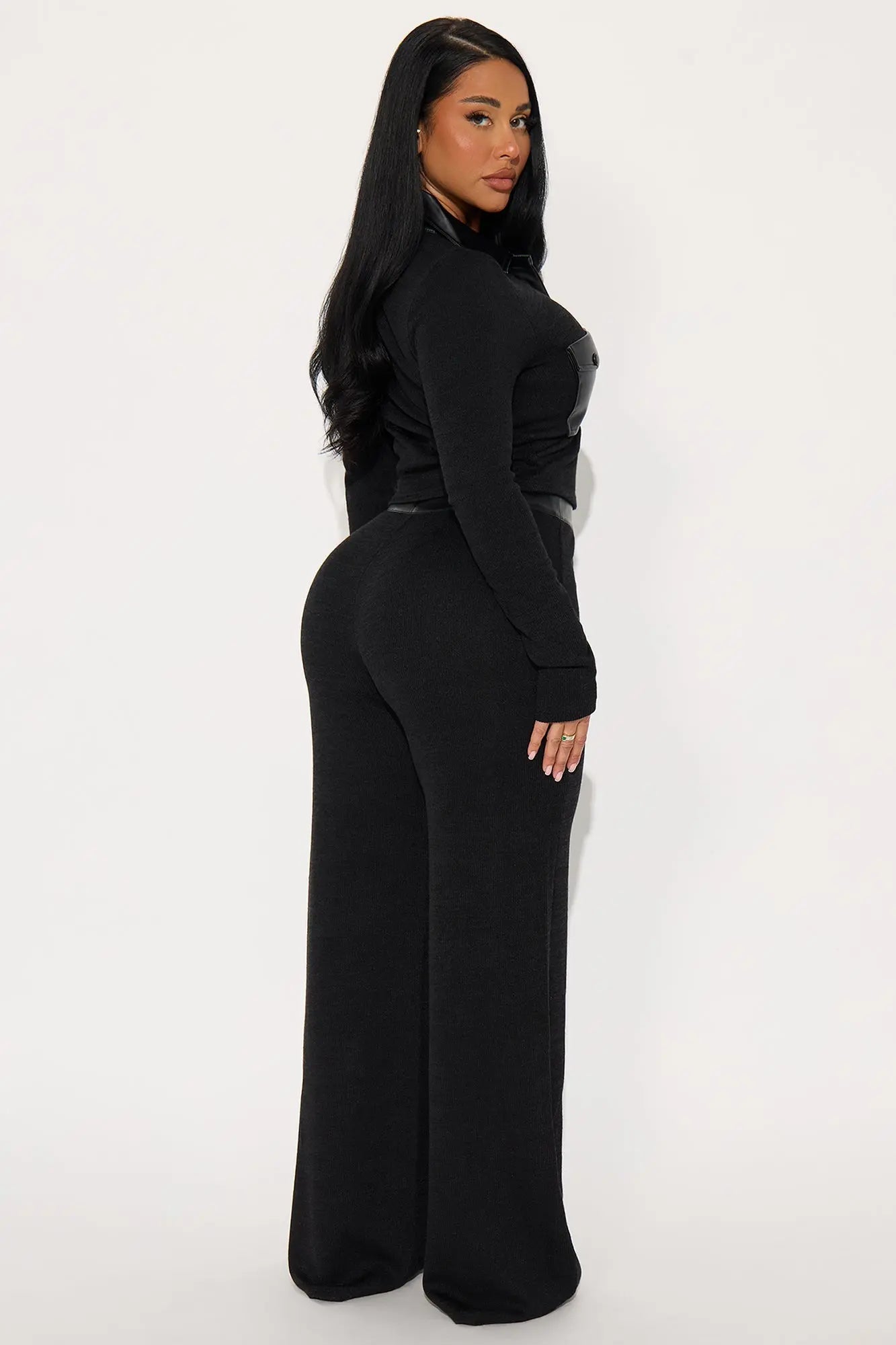 Elonna Faux Leather Trim Pant Set - Black 