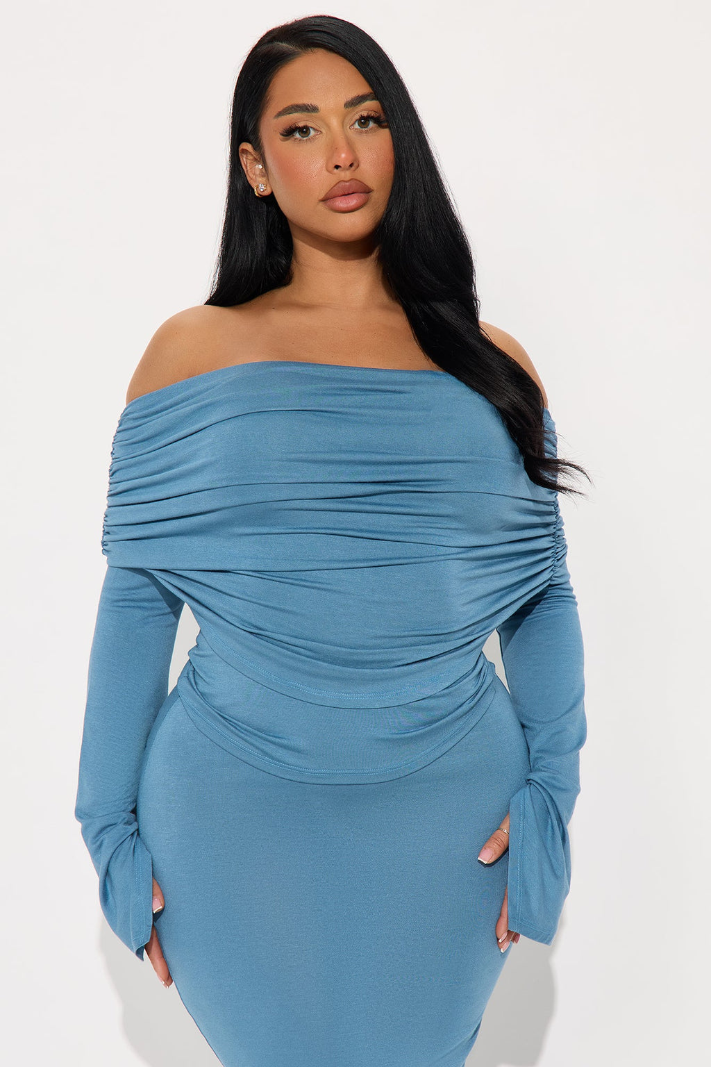Draped In Love Off Shoulder Maxi Skirt Set - Denim