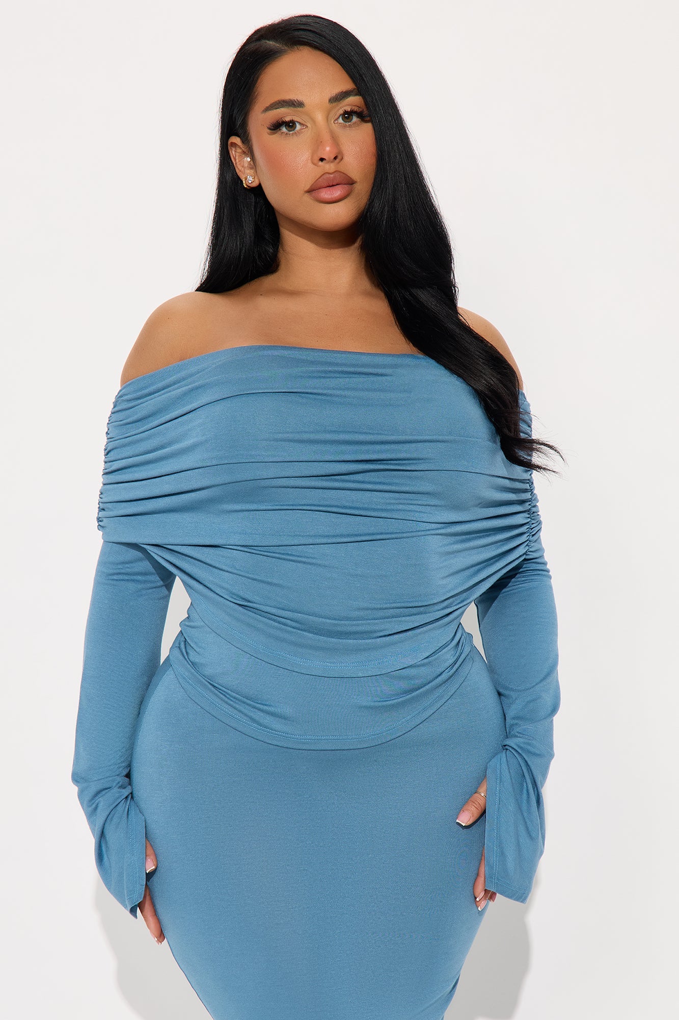 Draped In Love Off Shoulder Maxi Skirt Set - Denim