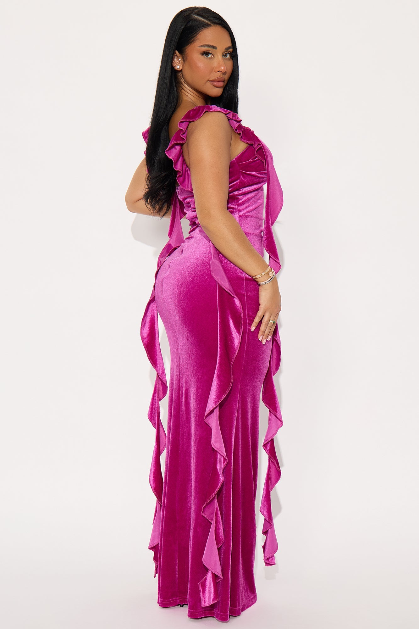 Mayli Ruffle Velvet Gown - Magenta