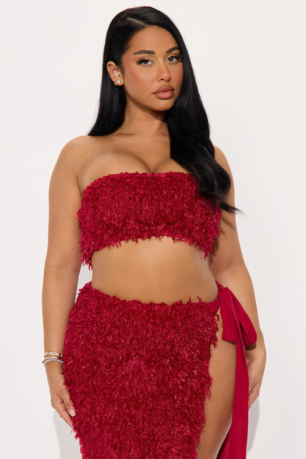 Flirt And Flair Feather Maxi Skirt Set - Burgundy