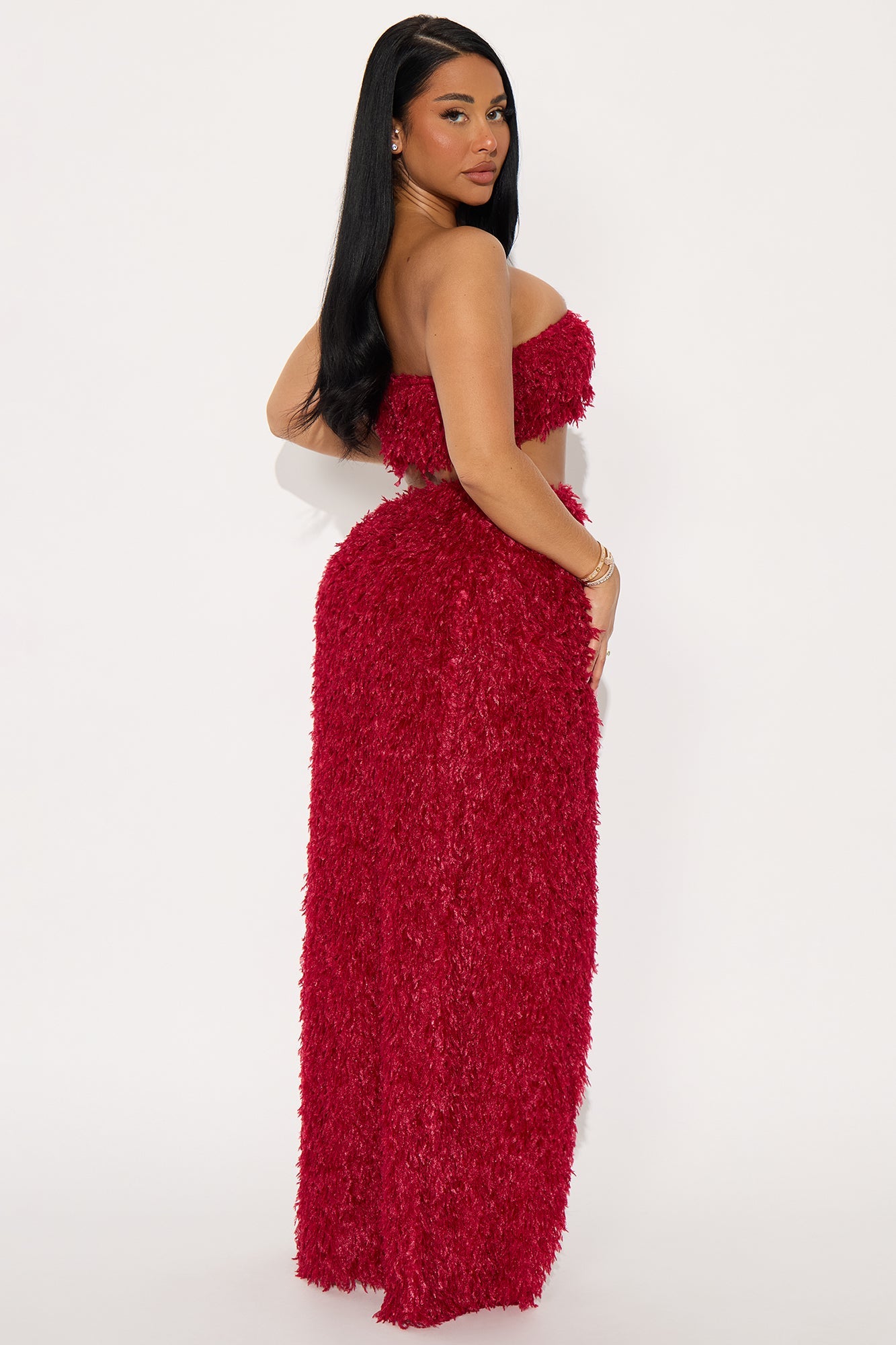 Flirt And Flair Feather Maxi Skirt Set - Burgundy
