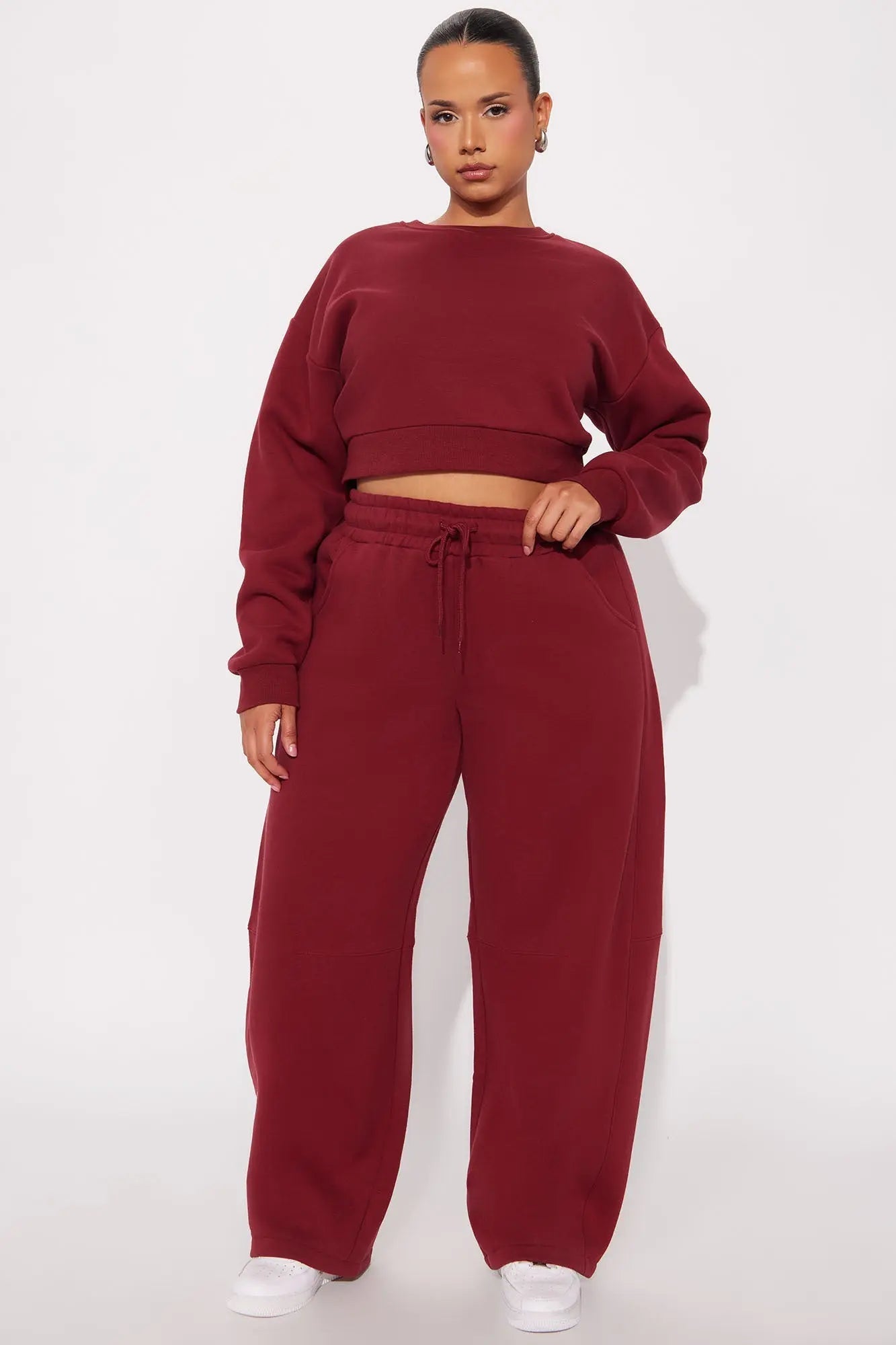 Free Spirit Fleece Barrel leg Pant Set - Wine 
