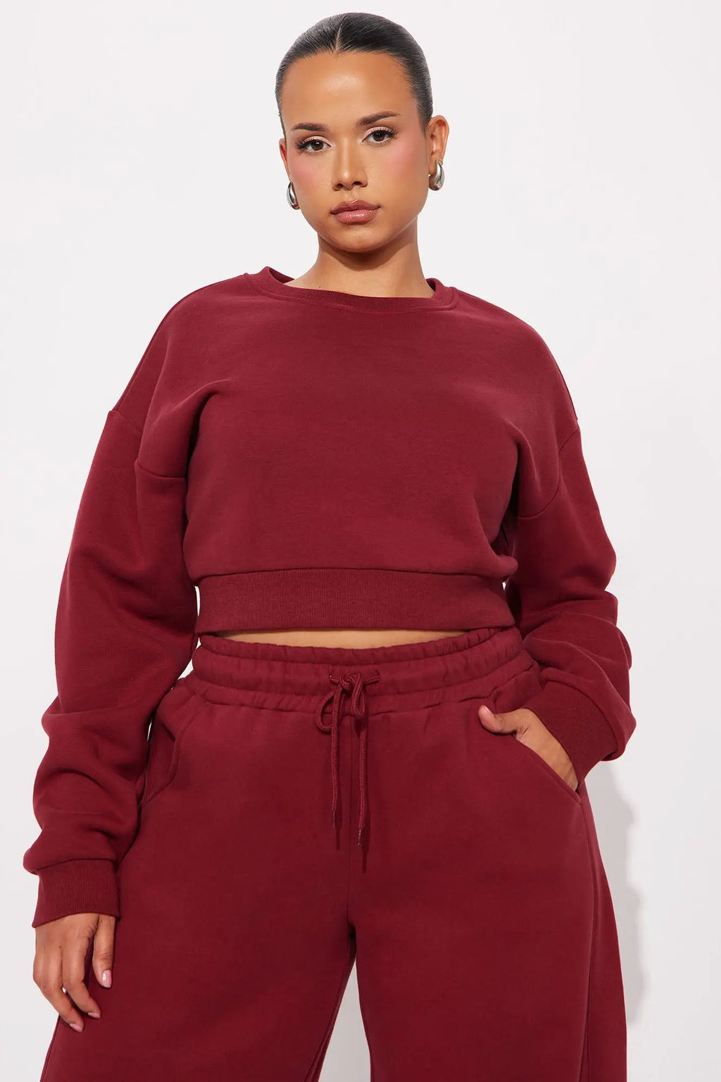 Free Spirit Fleece Barrel leg Pant Set - Wine 