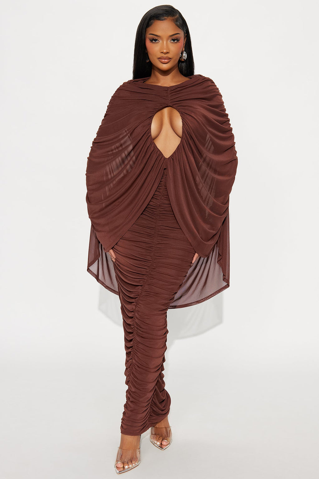 Deep Whisper Mesh Draped Maxi Dress - Brown