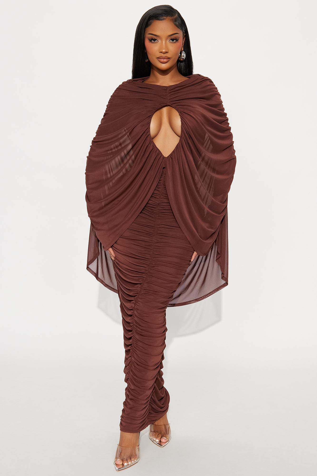 Deep Whisper Mesh Draped Maxi Dress - Brown