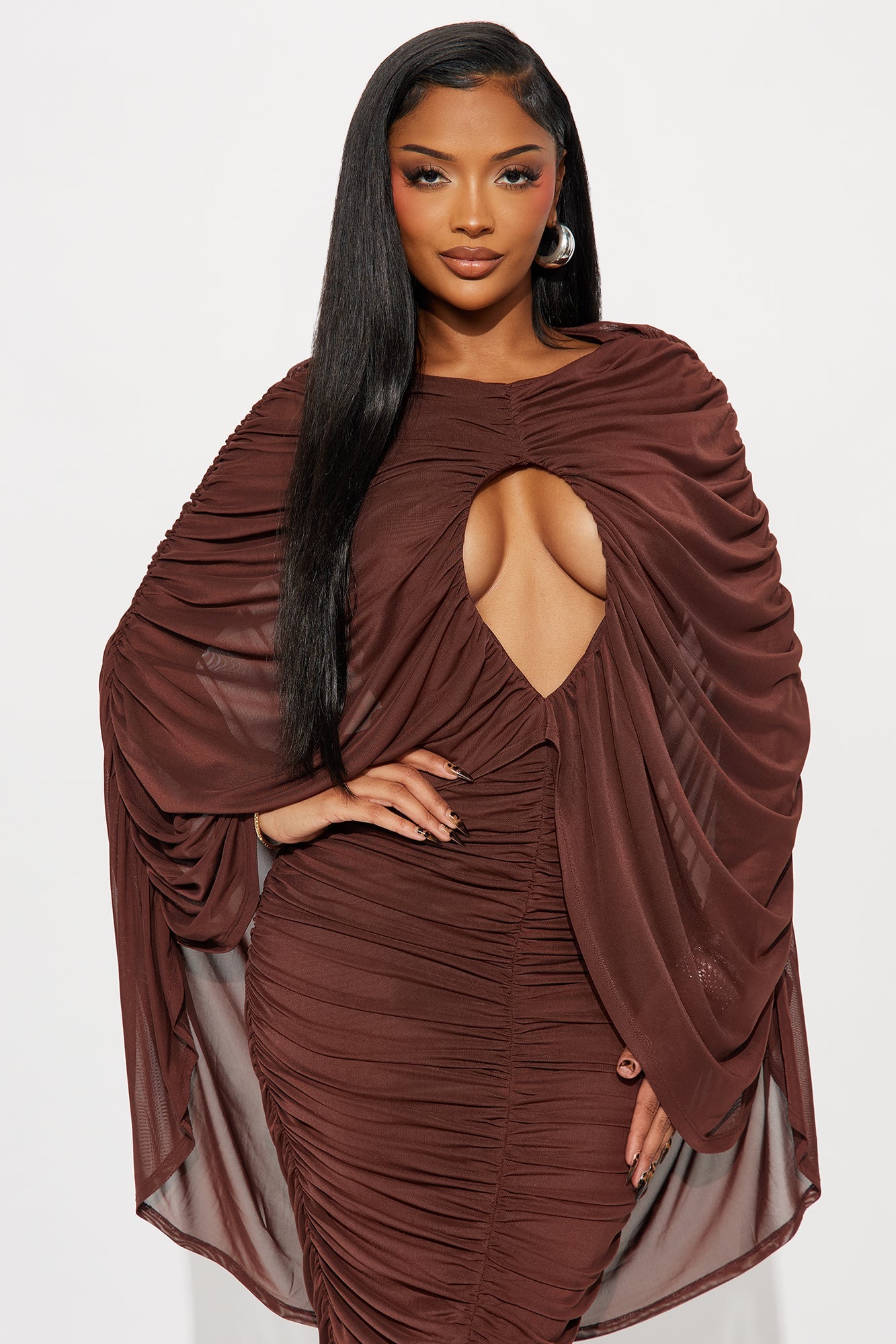 Deep Whisper Mesh Draped Maxi Dress - Brown