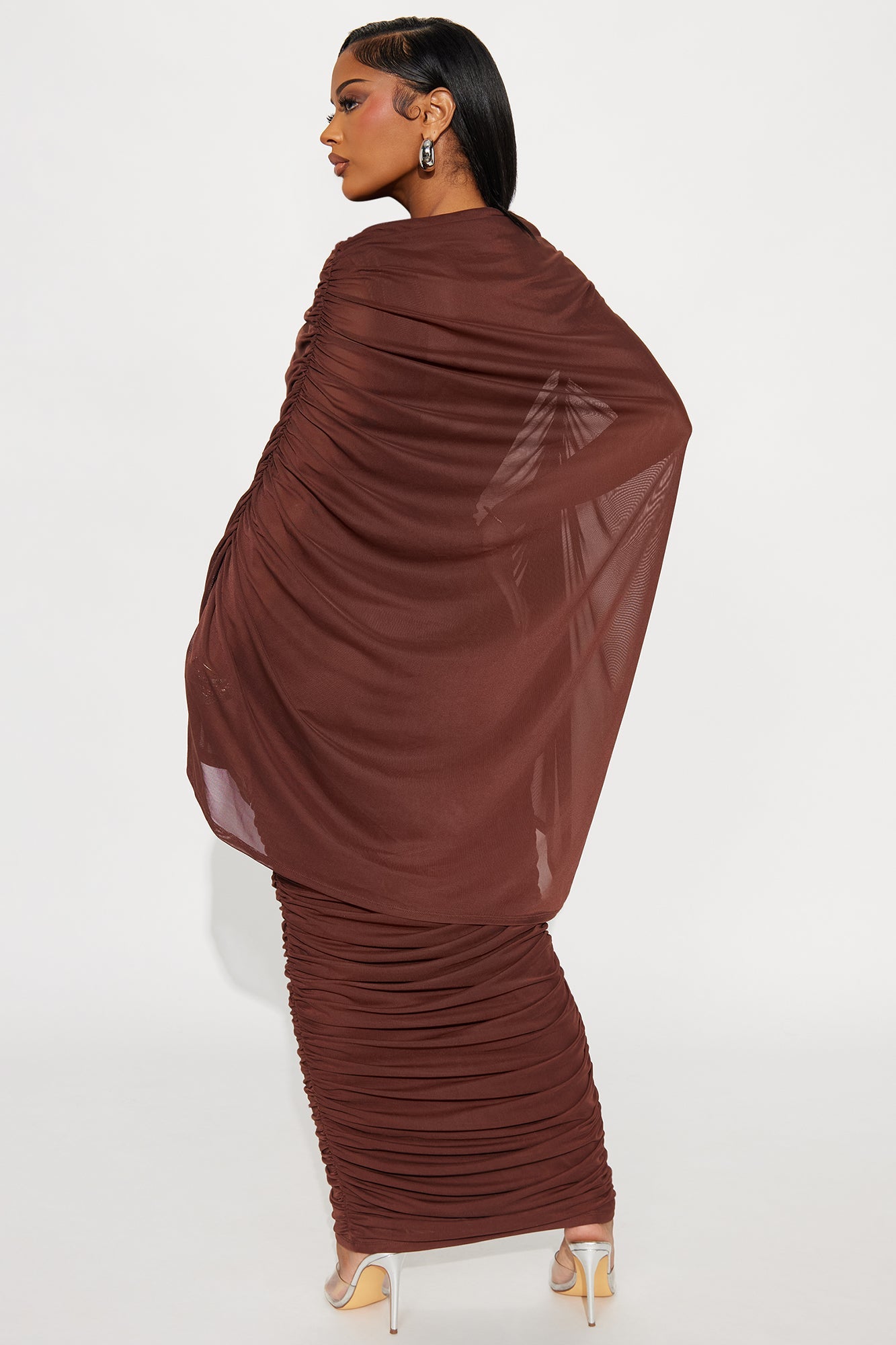 Deep Whisper Mesh Draped Maxi Dress - Brown