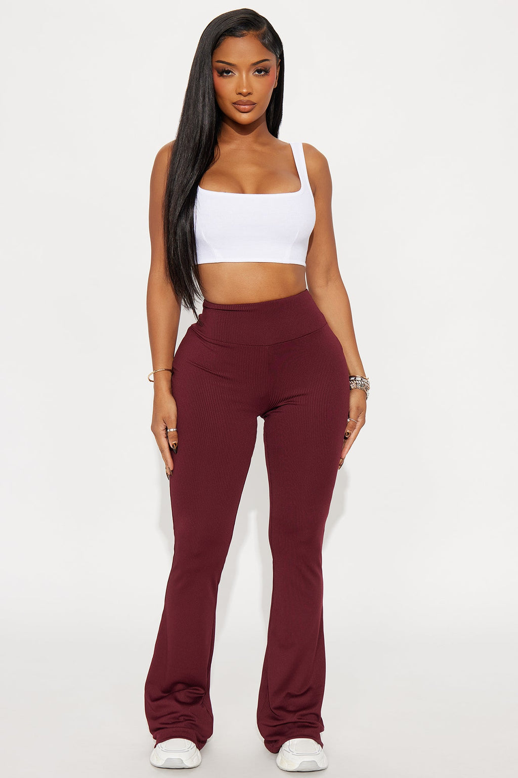 Amber Ribbed Flare Pant - Burgundy 