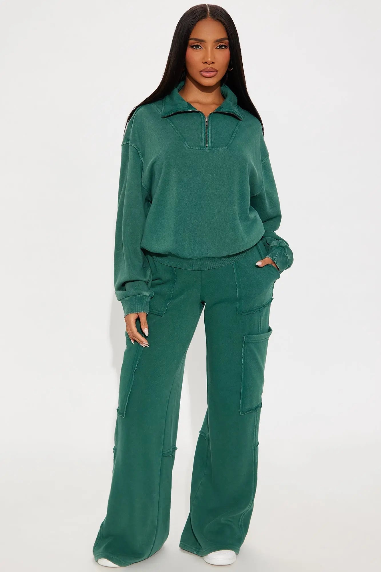 Come And Go Quarter Zip Washed Pant Set - Hunter 