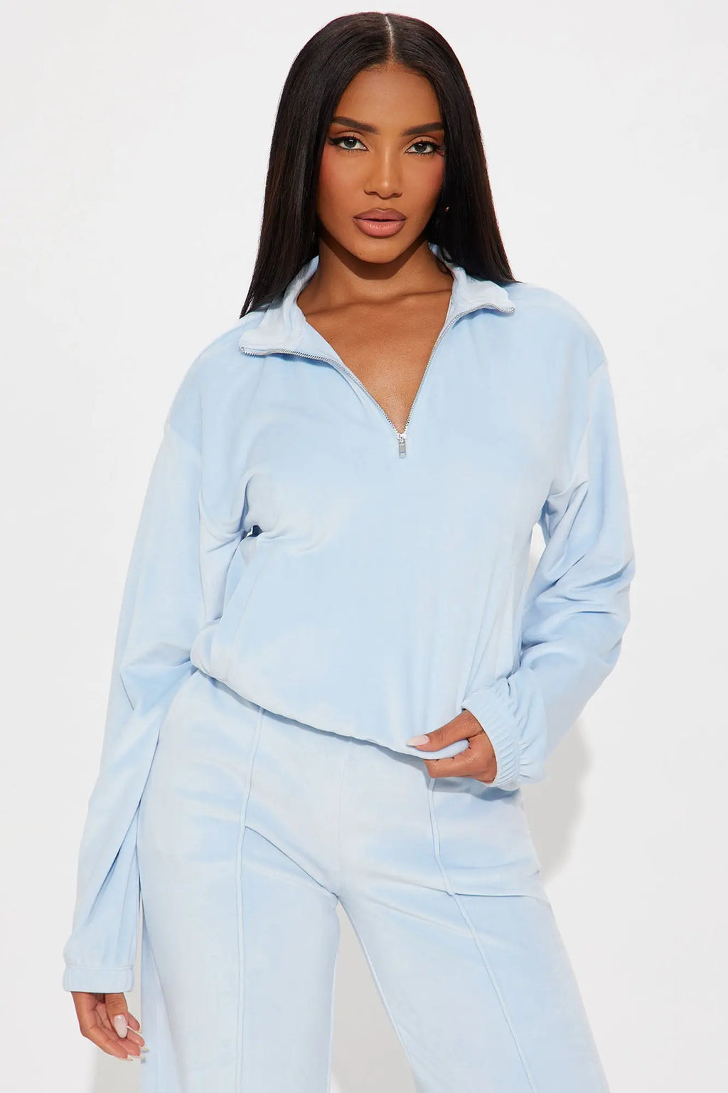 Pause For Now Quarter Zip Velour Pant Set - Light Blue 